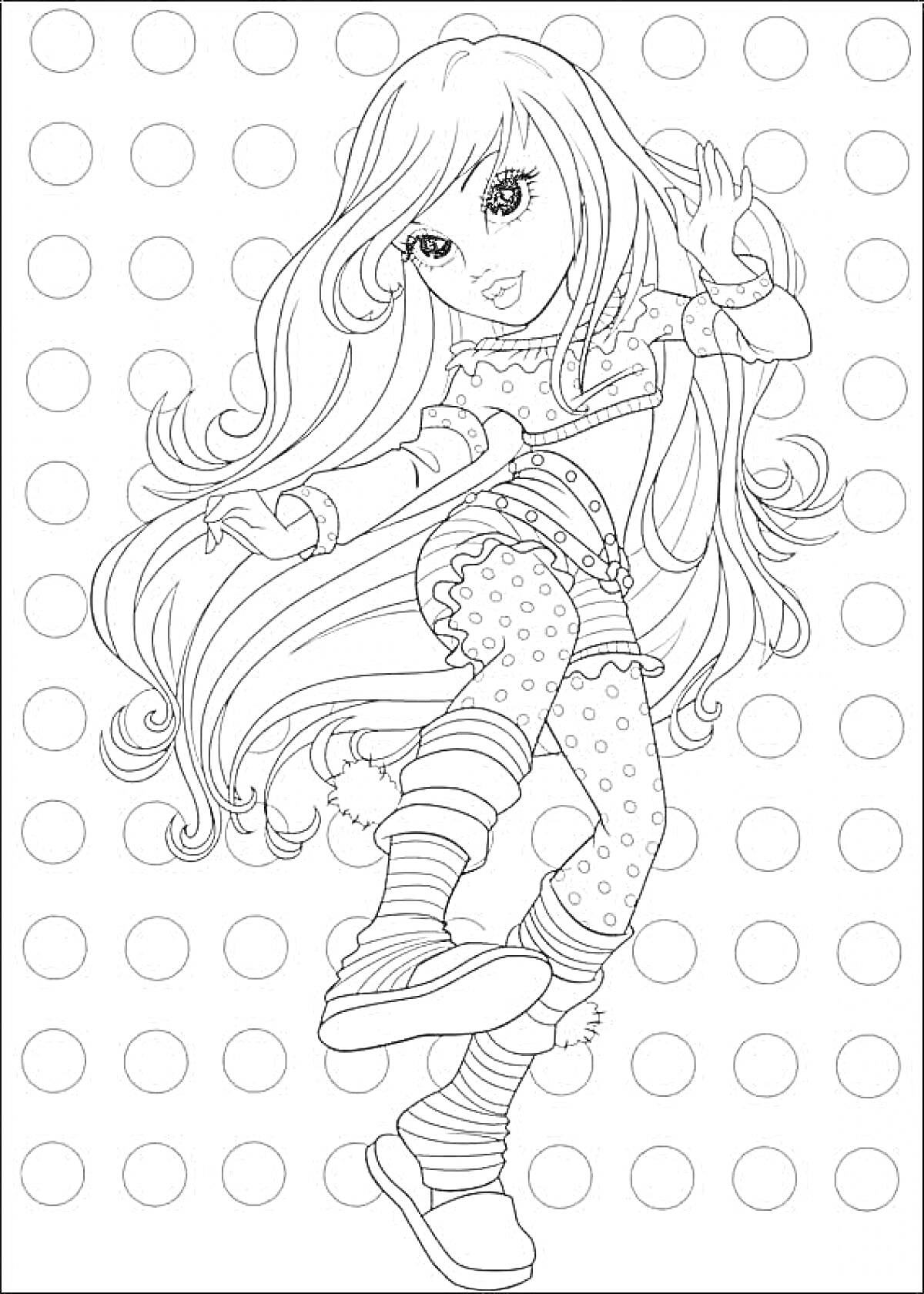 Раскраска Девочка с длинными волосами в костюме с полосатыми носками и узорами в горошек на фоне с кругами