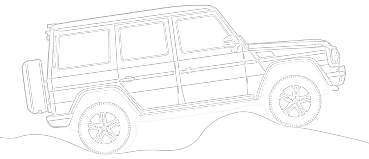 На раскраске изображено: Гелендваген, Внедорожник, Холмы, Природа, Поездка, Транспорт