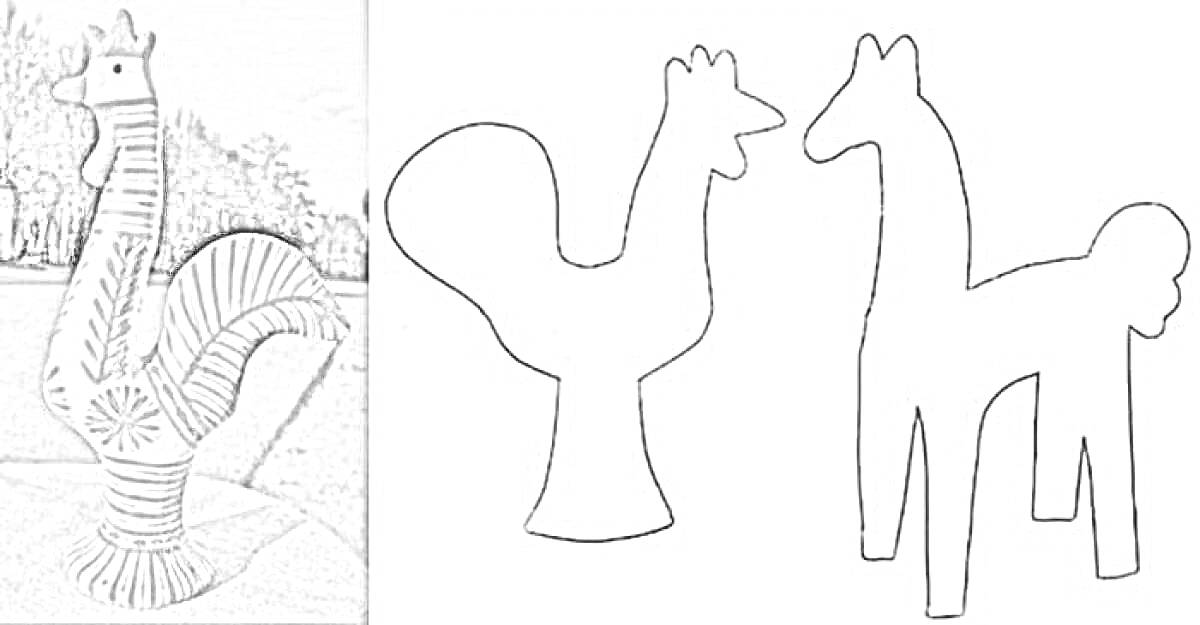 На раскраске изображено: Филимоновская игрушка, Петух, Лошадь, Традиционное искусство