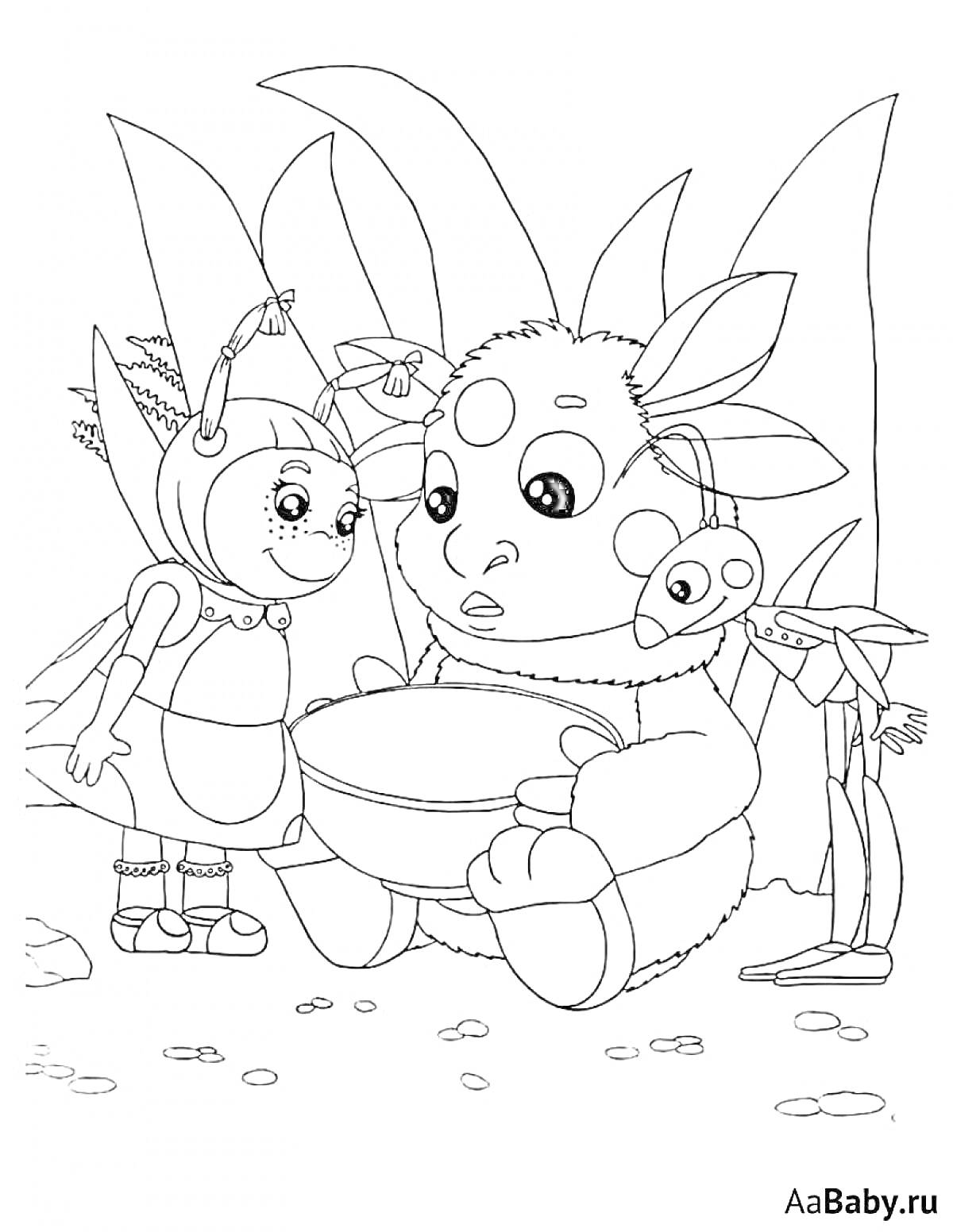 Раскраска Лунтик и его друзья: Лунтик с миской стоит между двумя друзьями на фоне природы, листья на заднем плане