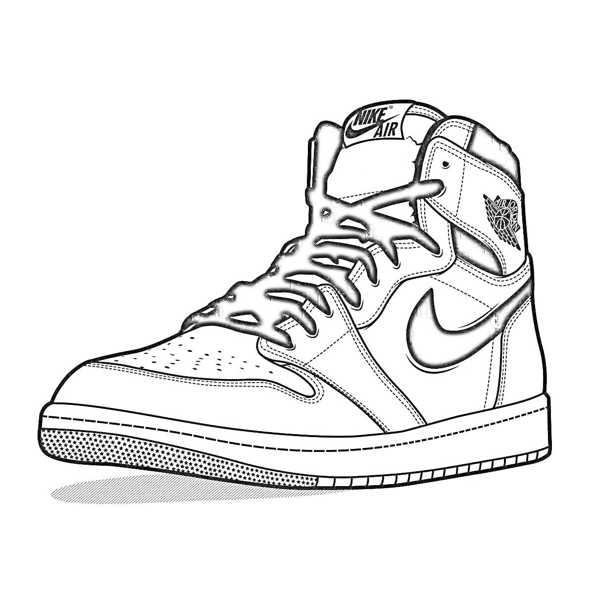 Раскраска Кроссовок Nike Air Jordan с характерным логотипом и шнурками