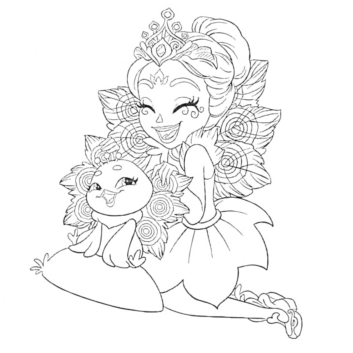 Раскраска Девочка и животное с украшениями в стиле энчантималс, с цветочными элементами на спине