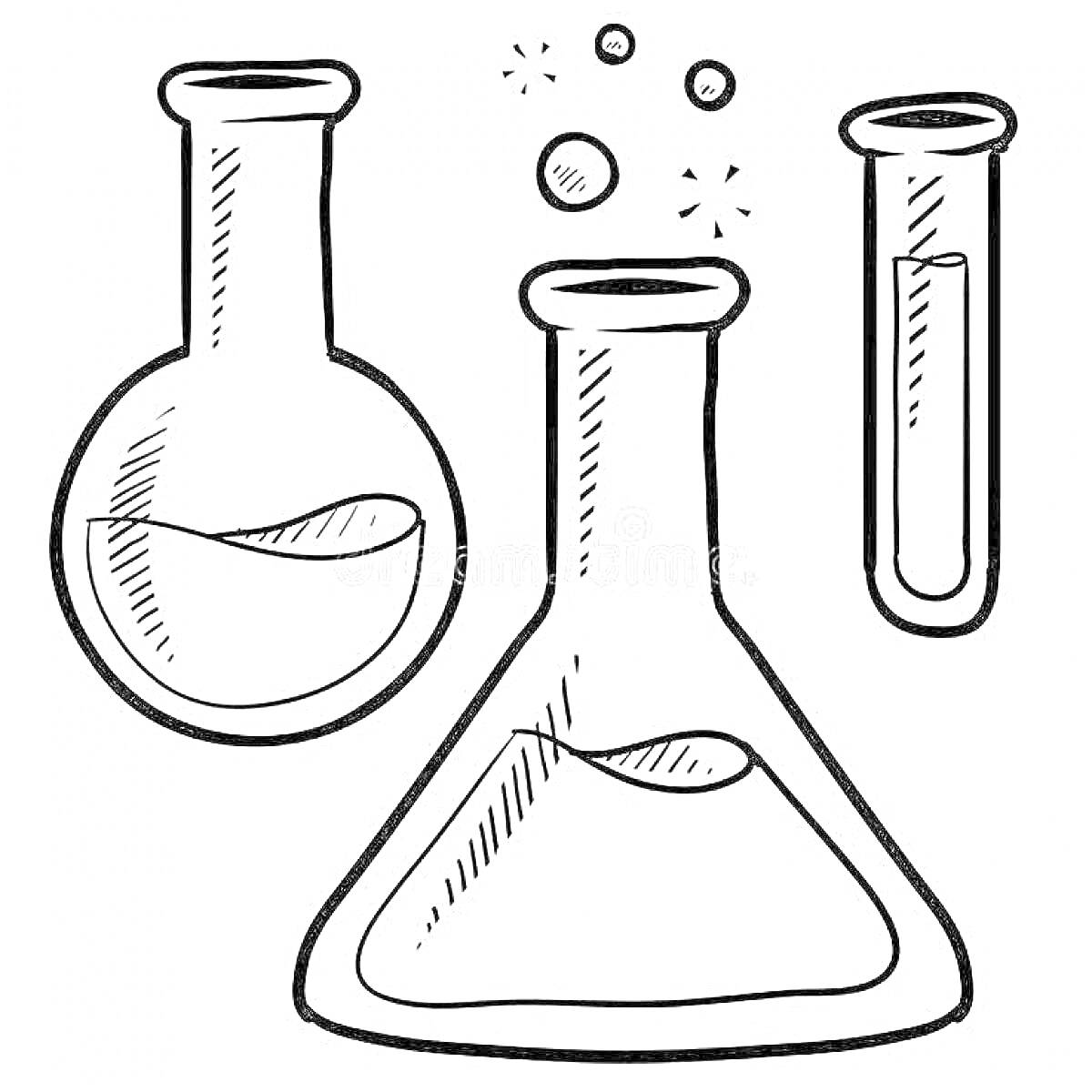Раскраска Лабораторные колбы с жидкостями и пробирка с пузырьками