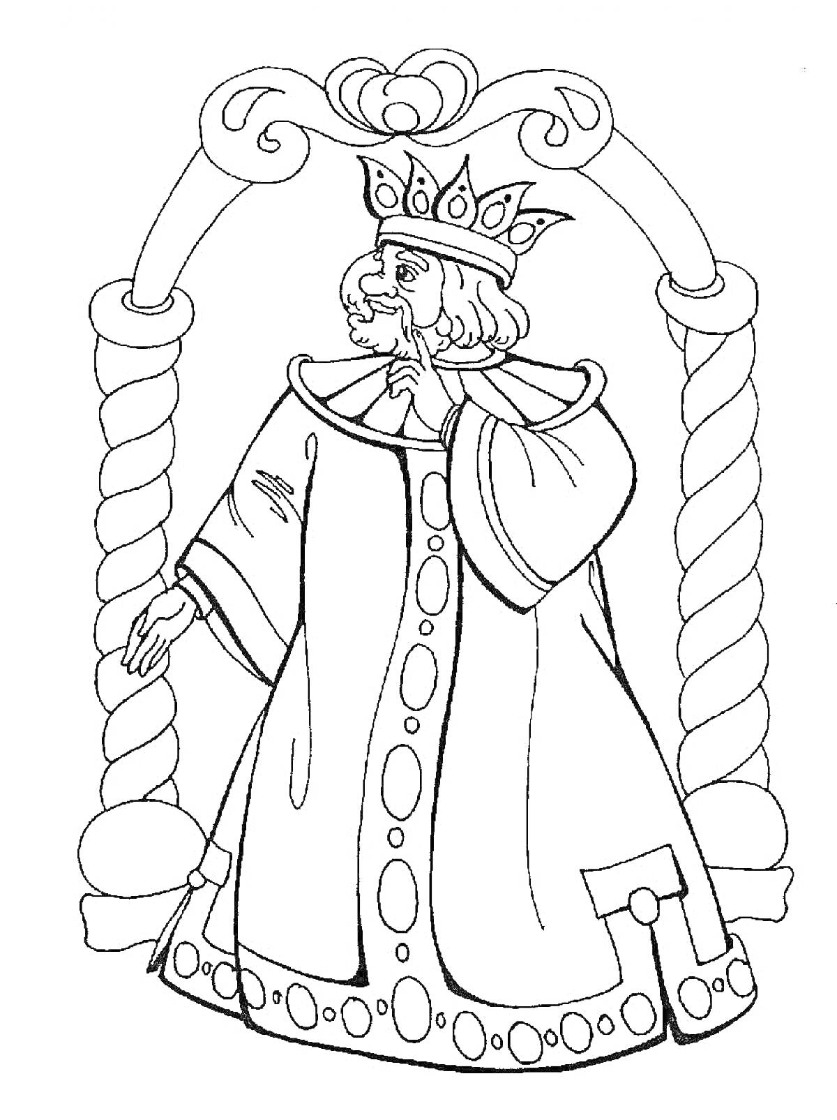 Царь с короной под аркой с завитками и столбами