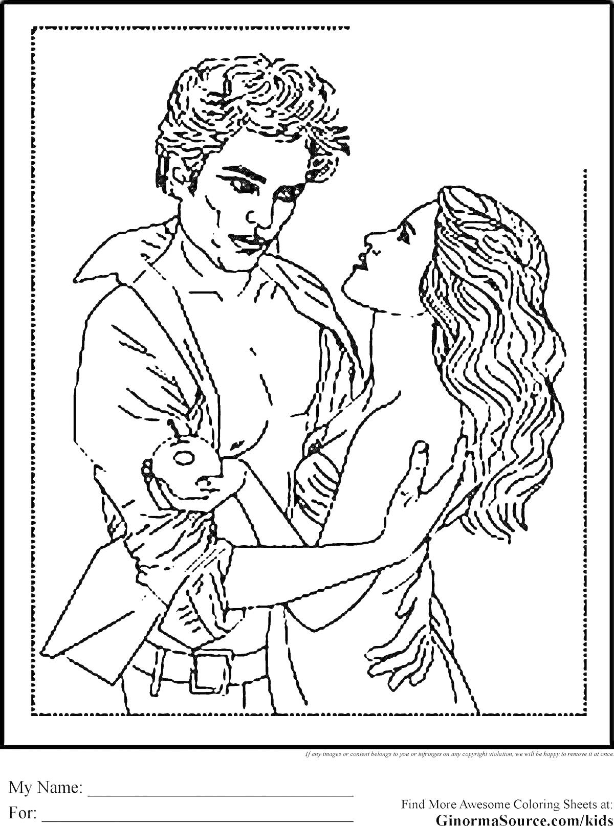 Раскраска пара в обнимку, мужчина держит яблоко, женщина смотрит на него