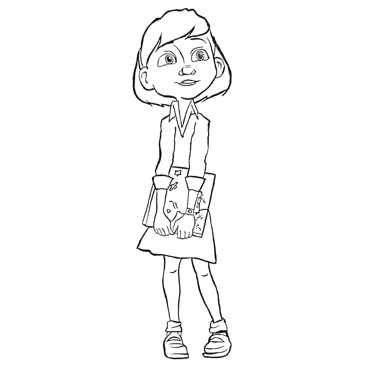 Раскраска Девочка с короткими волосами, держащая книгу, в платье и туфлях