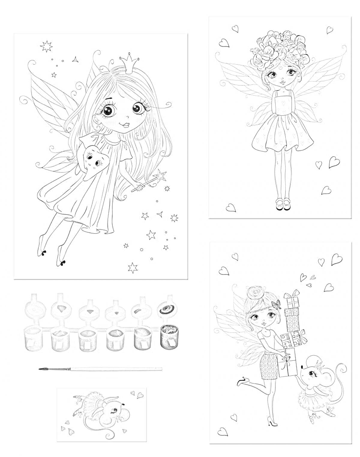 На раскраске изображено: Феи, Блестки, Краски, Животные, Сердца