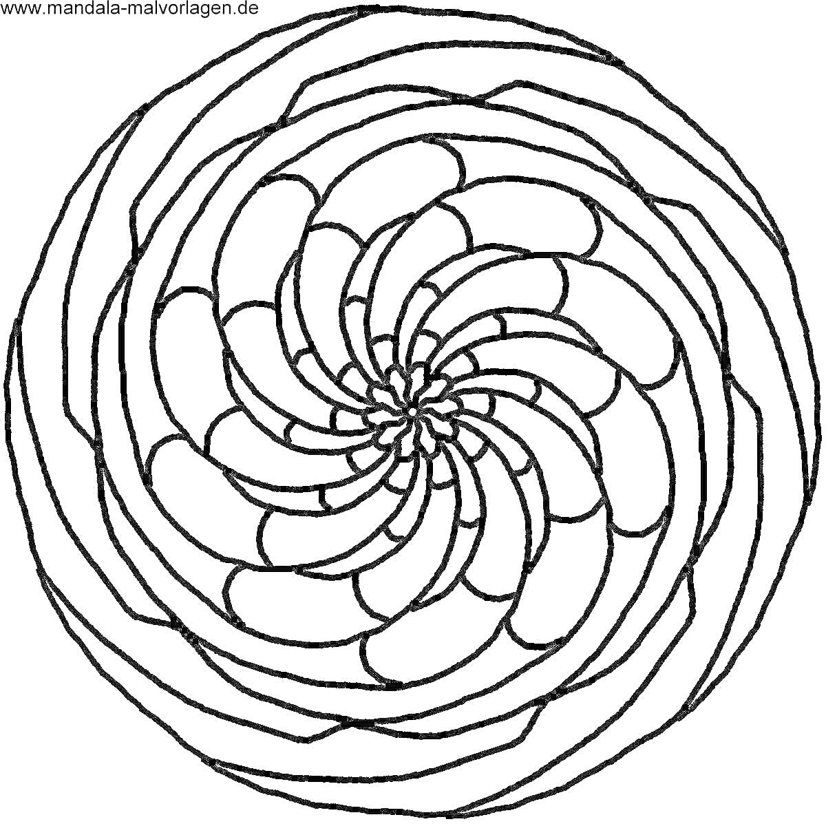 На раскраске изображено: Спираль, Концентрические круги, Лепестки, Мандала