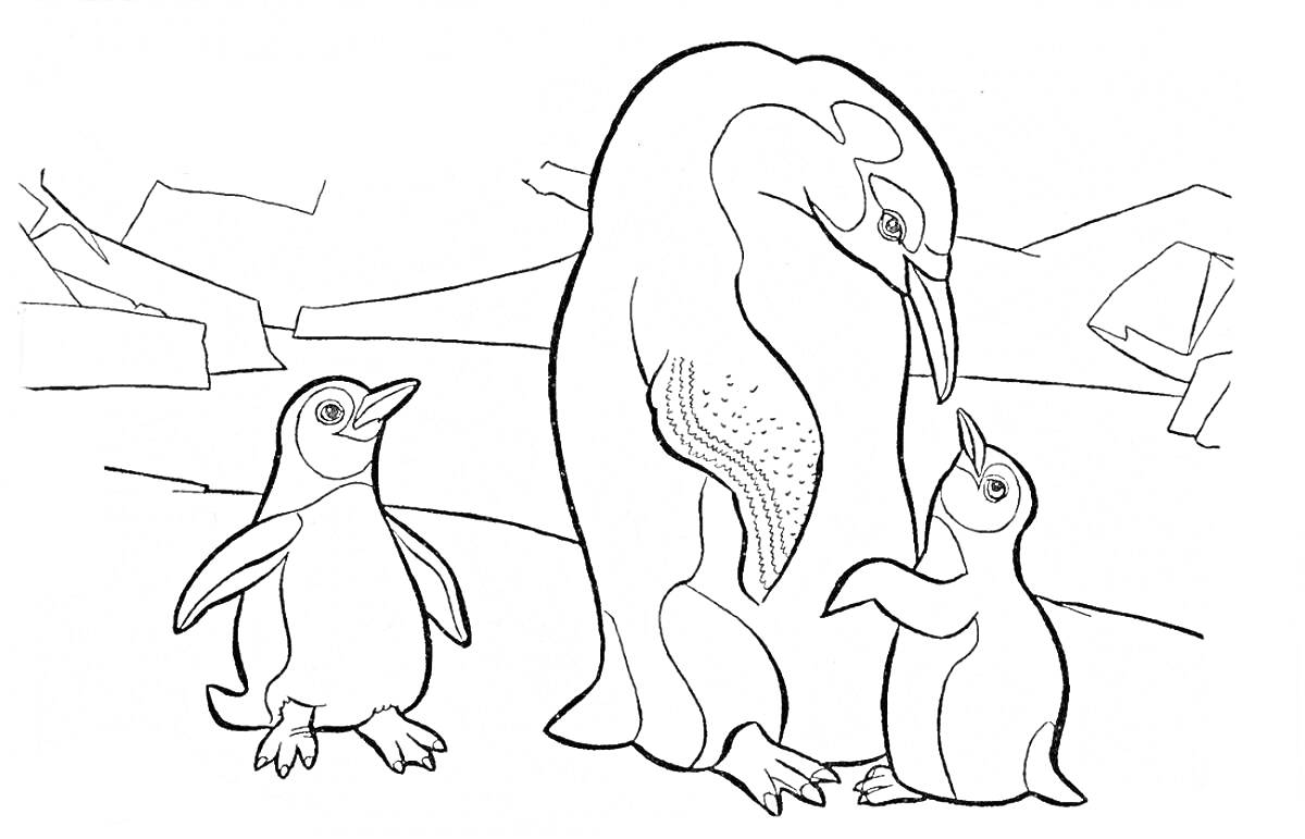 Раскраска Взрослый пингвин с двумя птенцами на фоне ледяных гор