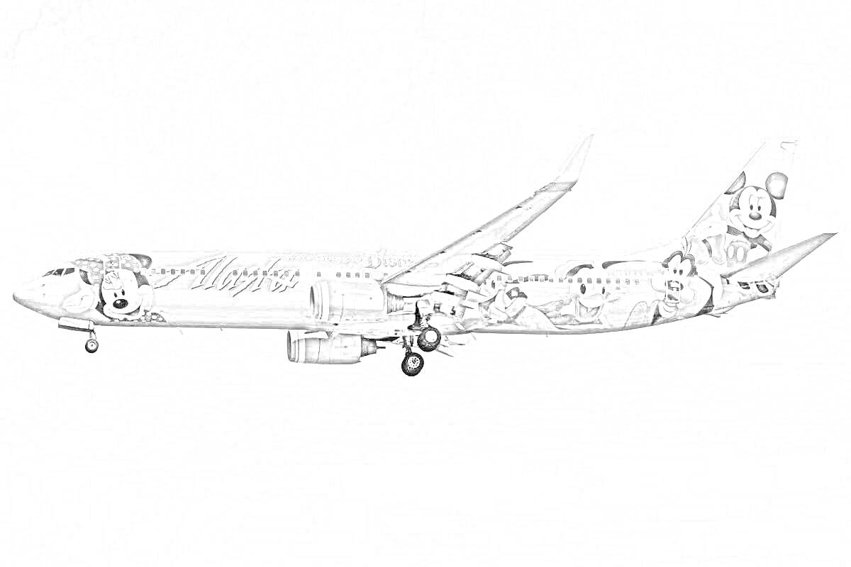 На раскраске изображено: Авиакомпания, Микки Маус, Транспорт, Пассажирский самолет