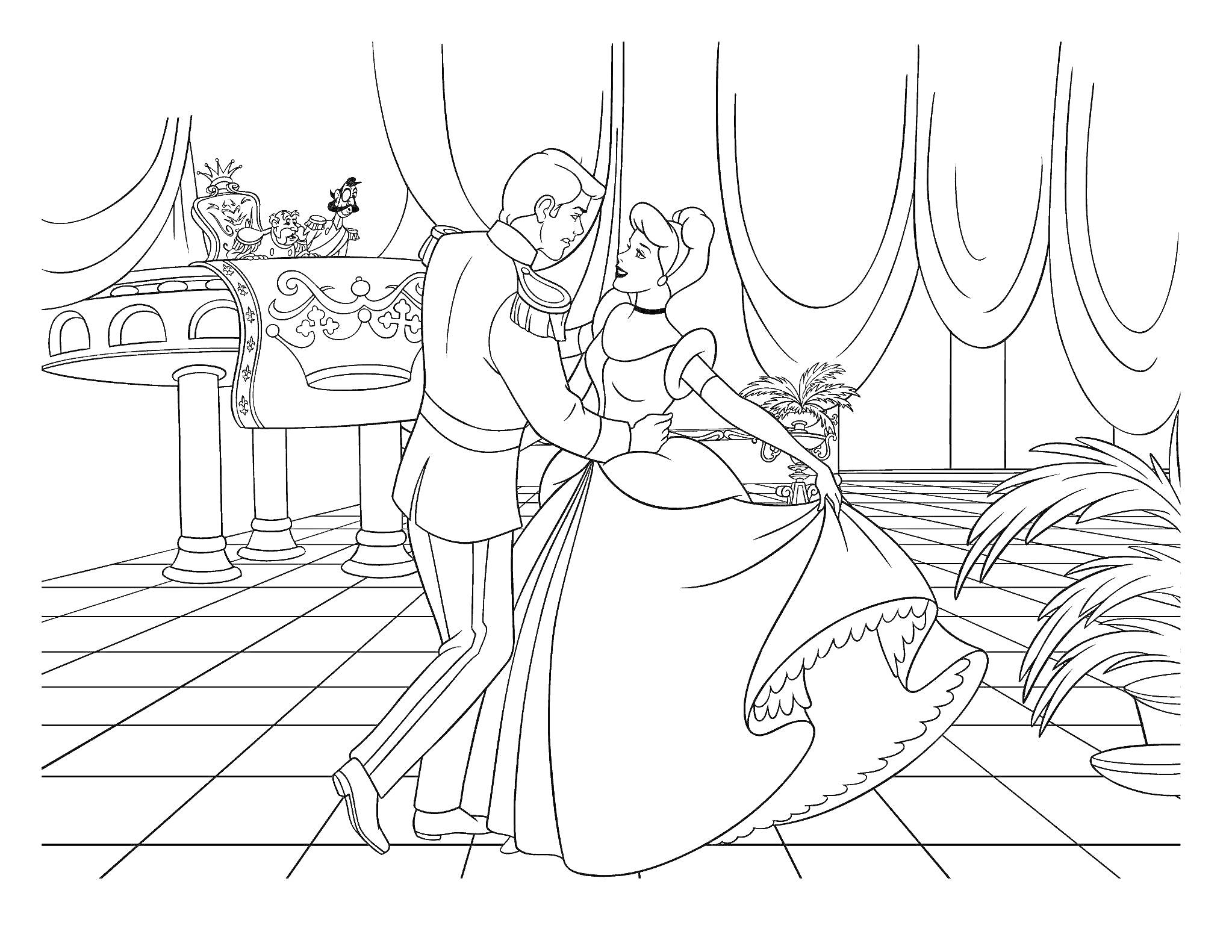 Раскраска Бал во дворце с танцующей парой, декорациями и музыкальным сопровождением