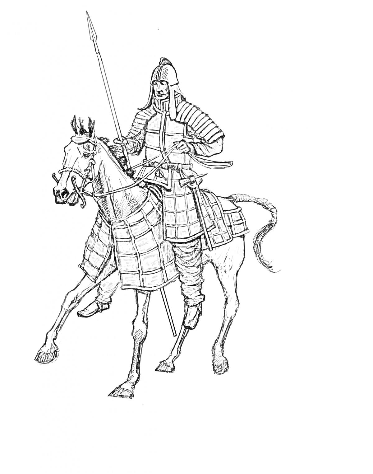 На раскраске изображено: Воин, Конь, Броня, Томирис, Исторический персонаж, Снаряжение