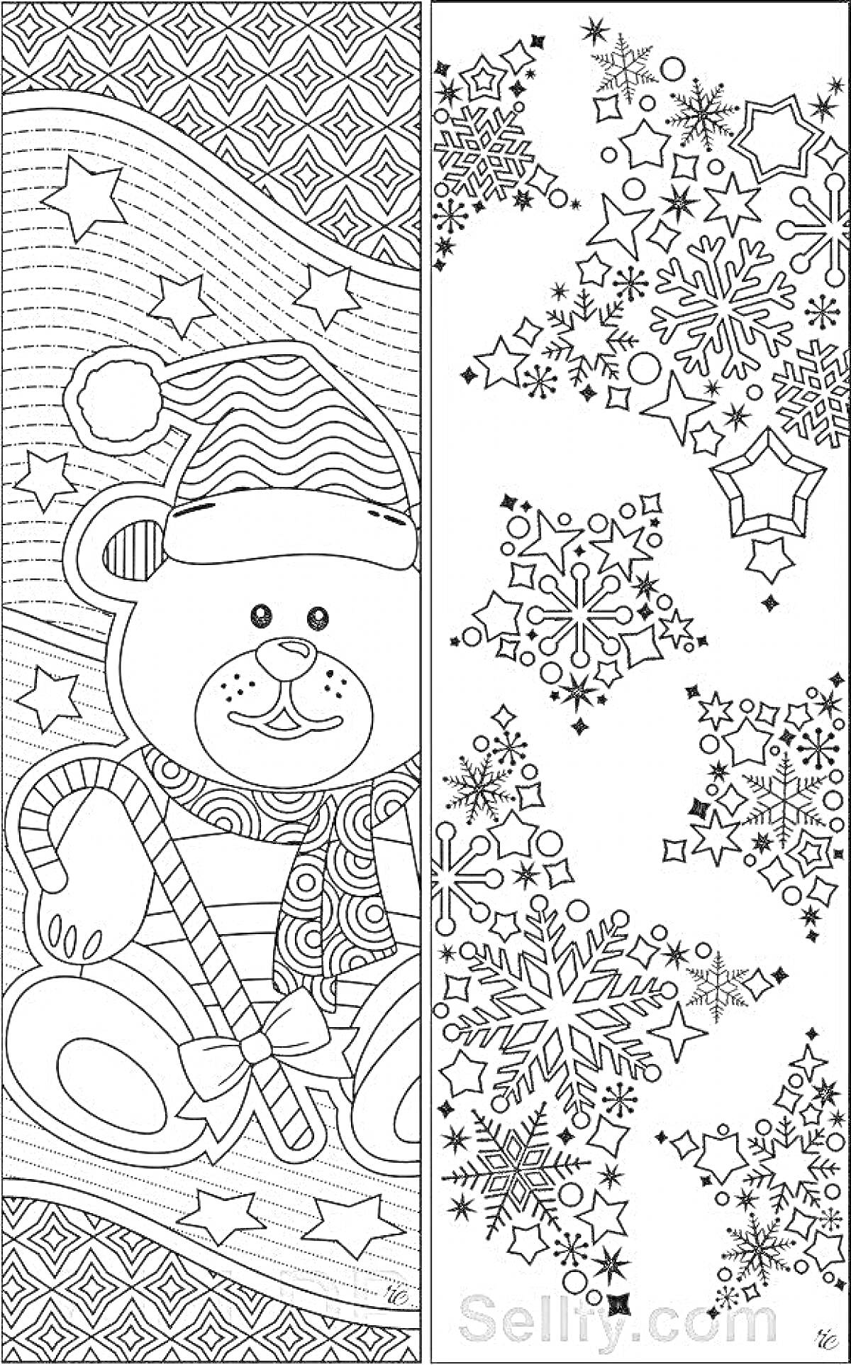На раскраске изображено: Медведь, Леденец, Шапка Санты, Снежинки, Звёздочки, Узор, Новый год