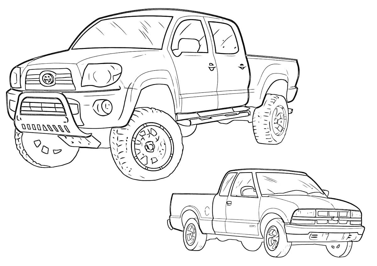 Раскраска Два автомобиля пикап - большой пикап с высокими колесами и защитным бампером и классический пикап с низкой посадкой
