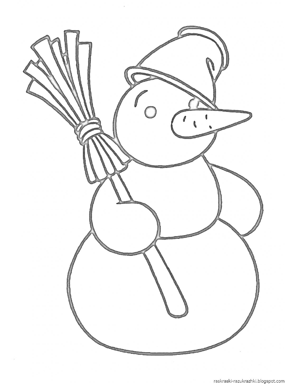 Раскраска Снеговик с метлой в шапке