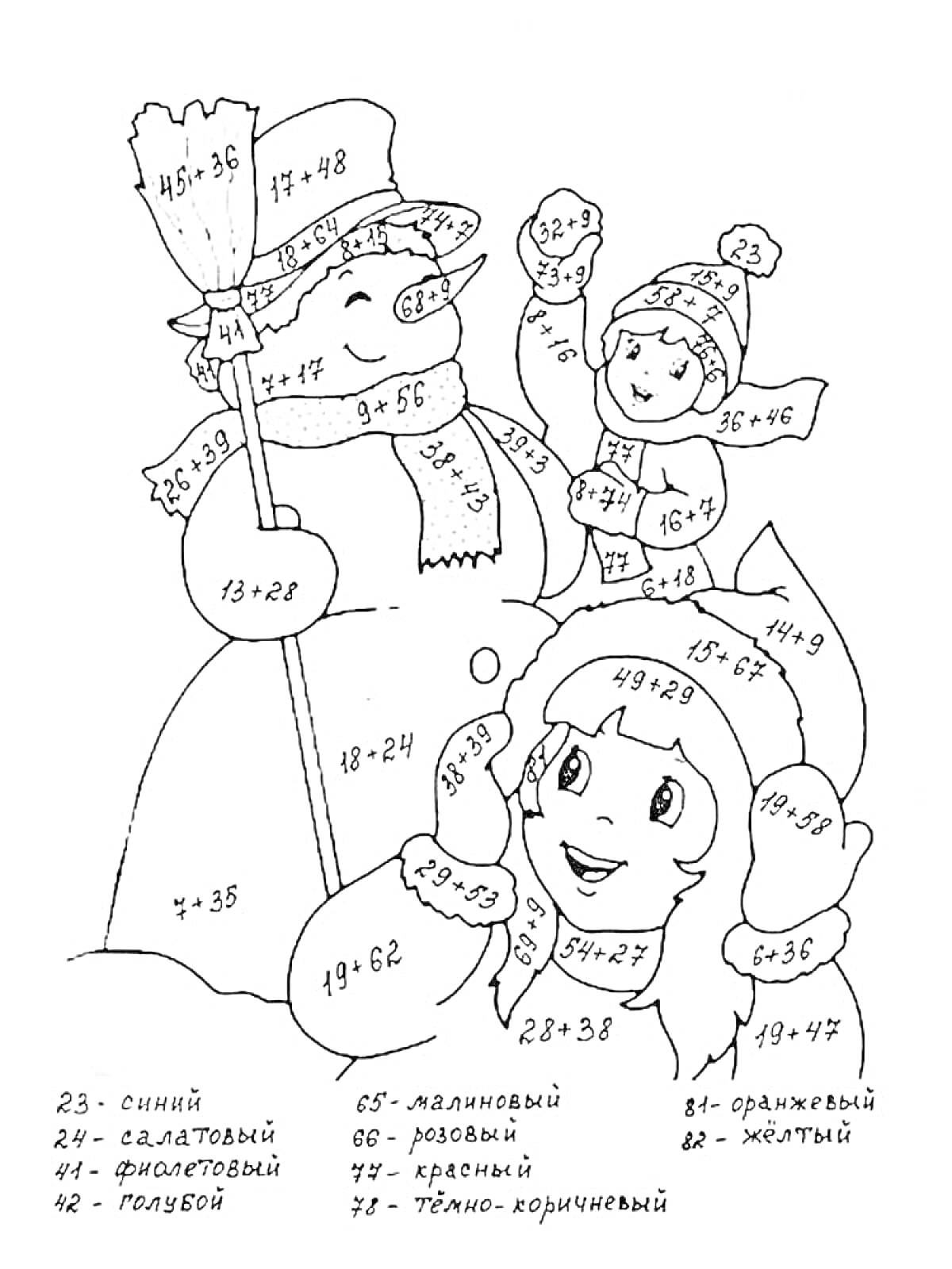 Раскраска зимней сцены с примерами на сложение (снеговик и дети)