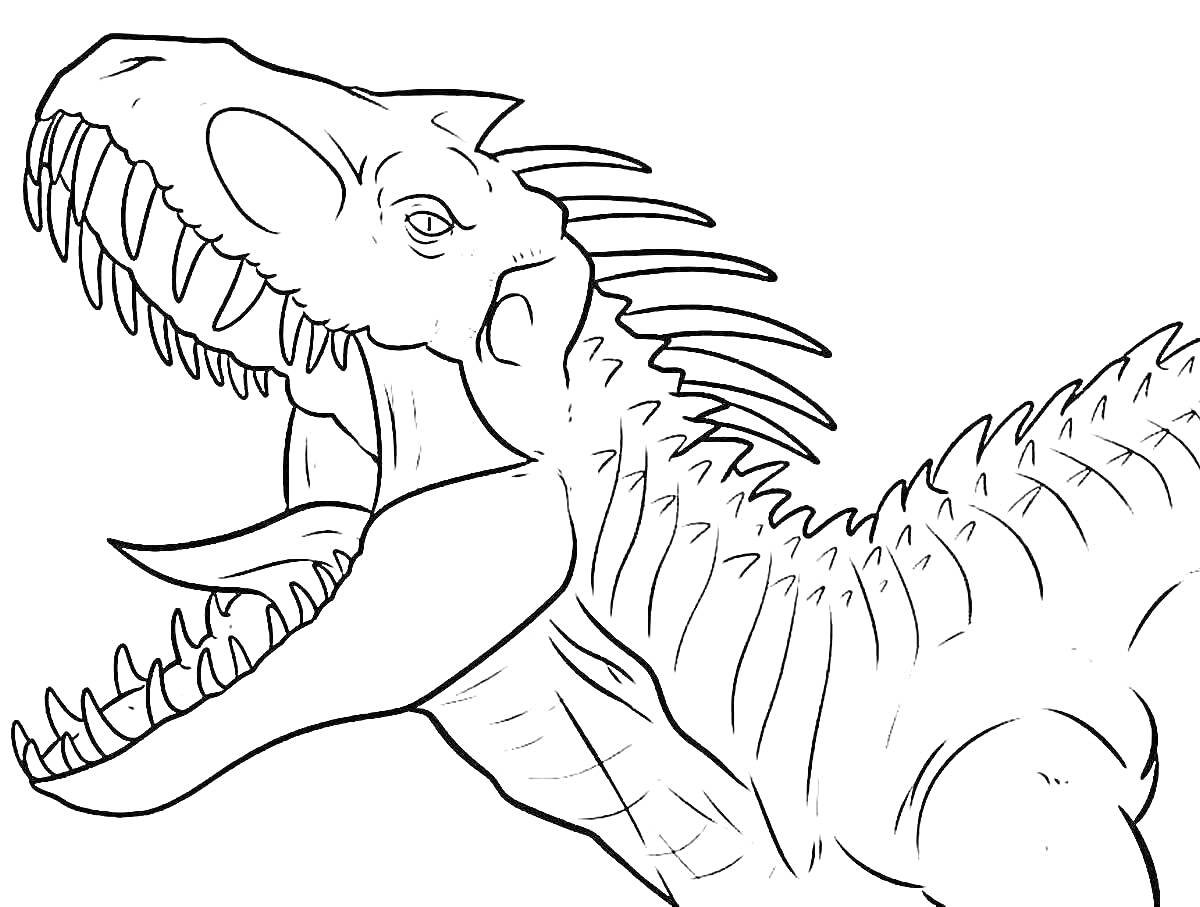 На раскраске изображено: Динозавр, Индоминус рекс, Пасть, Шипы, Зубы, Контурные рисунки, Рептилии