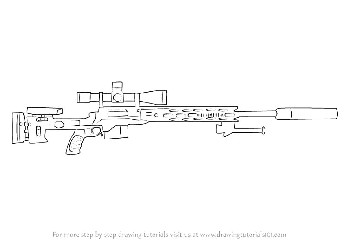 Раскраска Снайперская винтовка с оптическим прицелом и глушителем