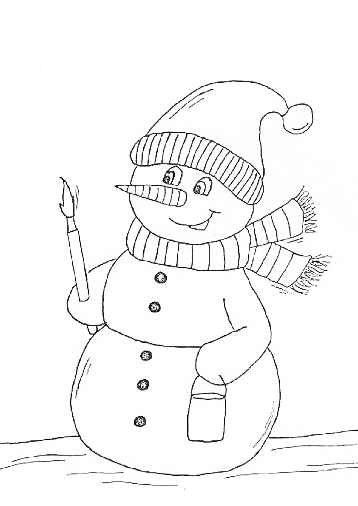 Раскраска Снеговик с кисточкой, банкой и шарфом