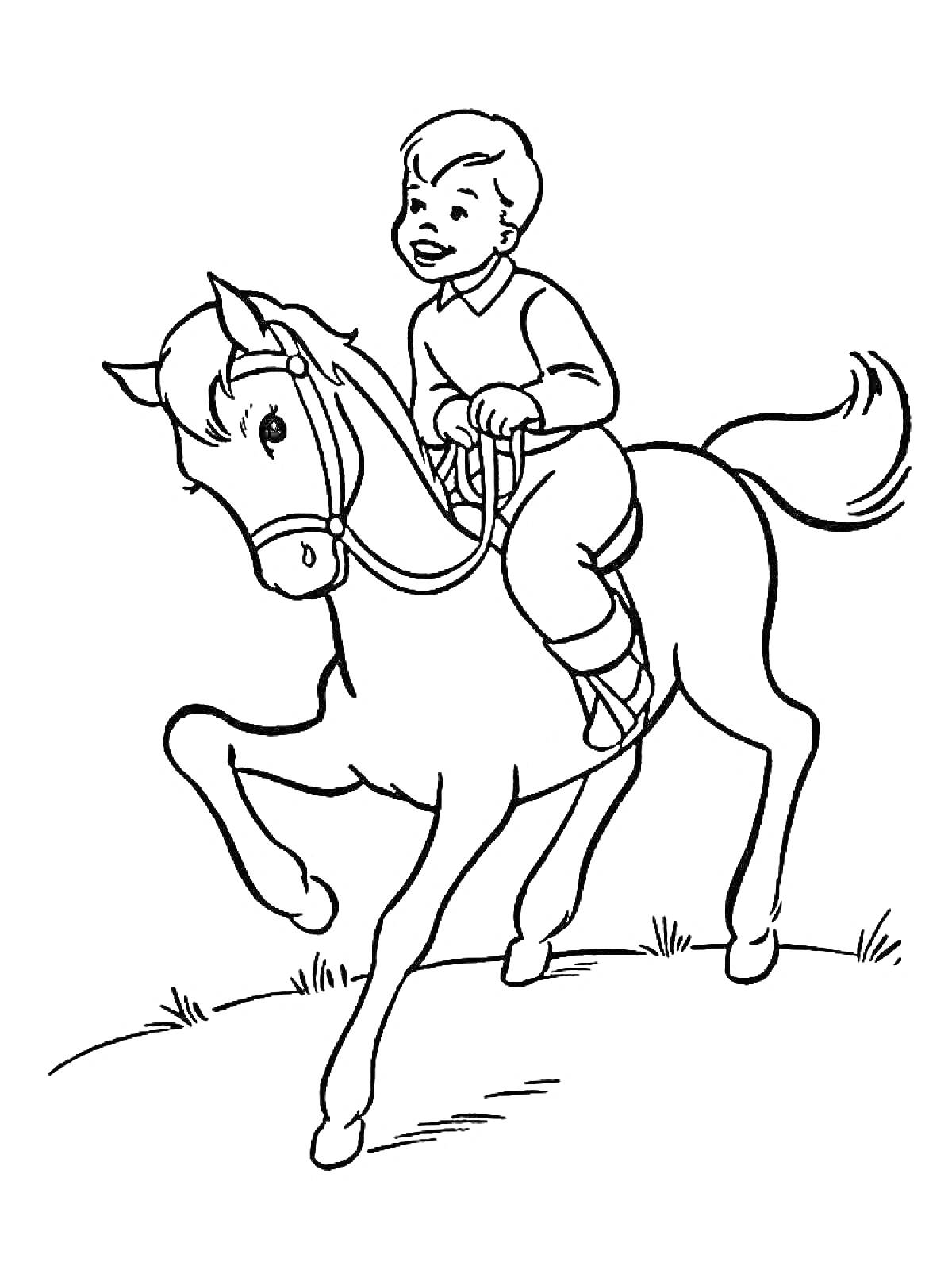 На раскраске изображено: Мальчик, Лошадь, Верховая езда, Природа, Ребёнок, Спорт, Всадник, Животные, Холмы