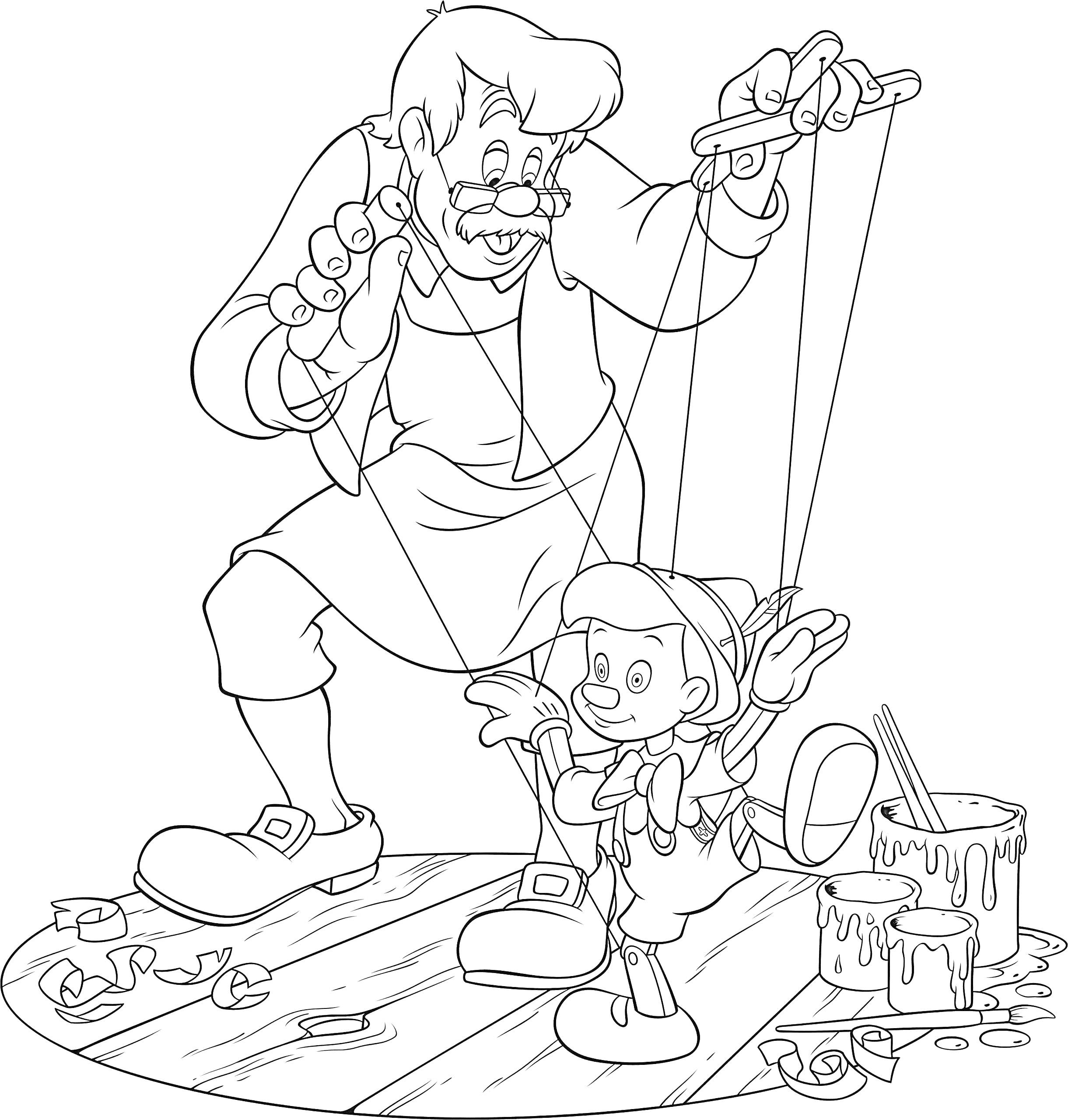 Мастер управляет марионеткой, маленькая деревянная кукла на нитях, палуба, банки с краской и кисть