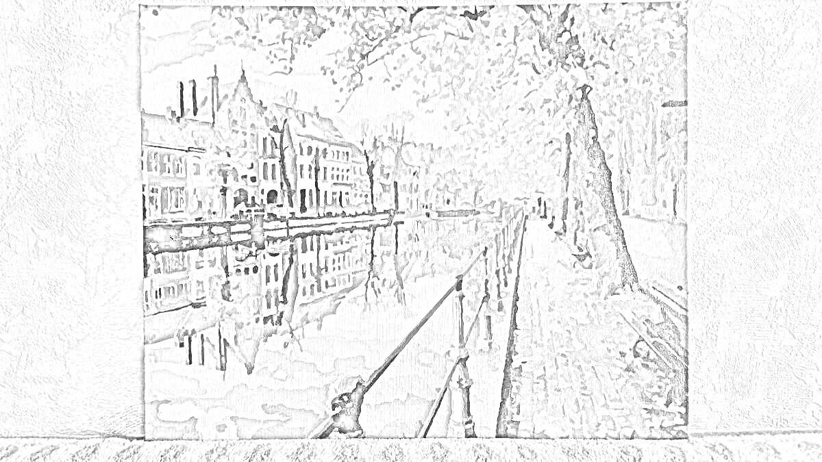 Раскраска Городской пейзаж с каналом, зданиями и деревом
