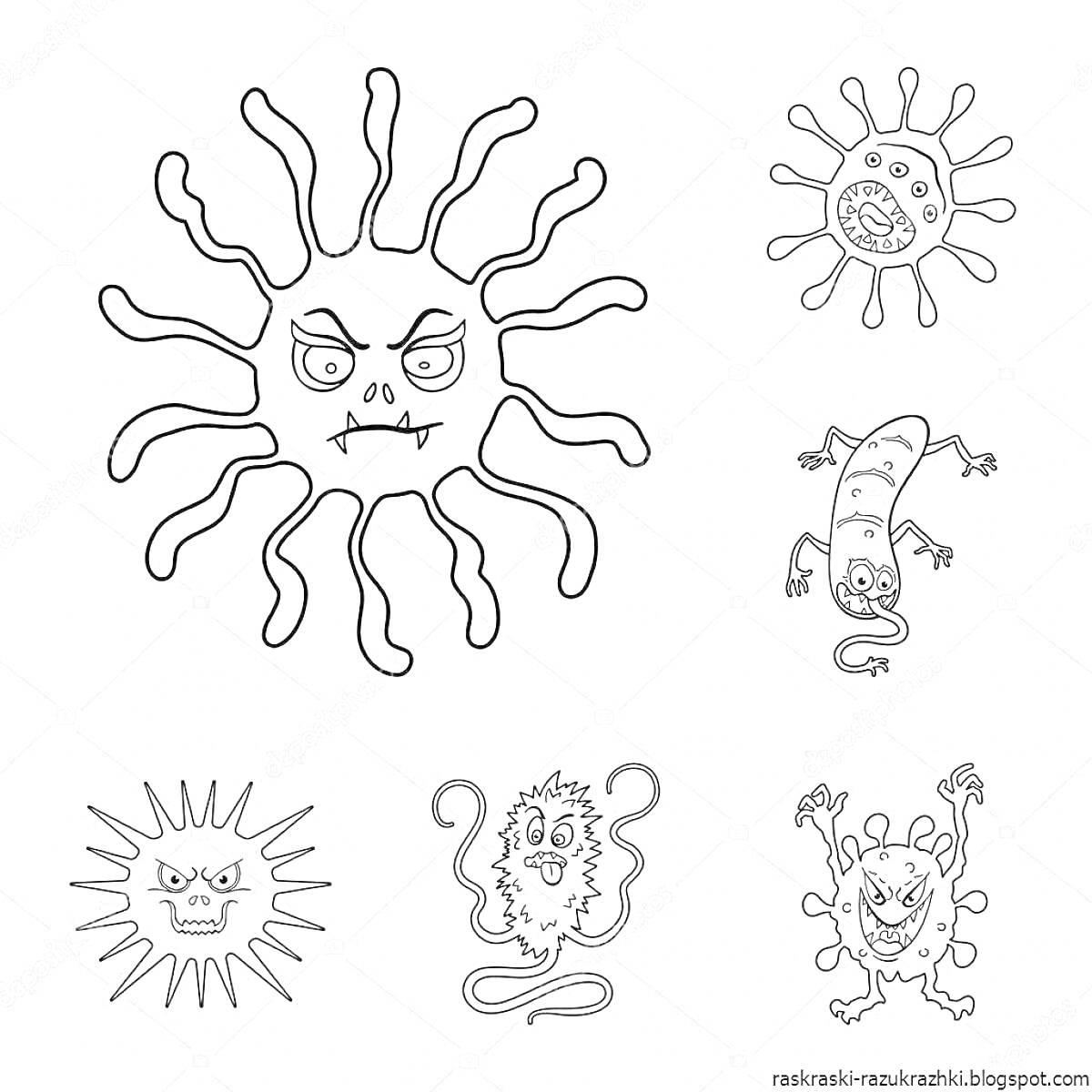 Раскраска Микробы с разными выражениями лиц и формами