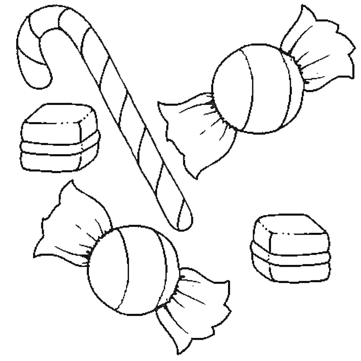 Раскраска Конфеты, карамельная трость и 3 квадратных печенья