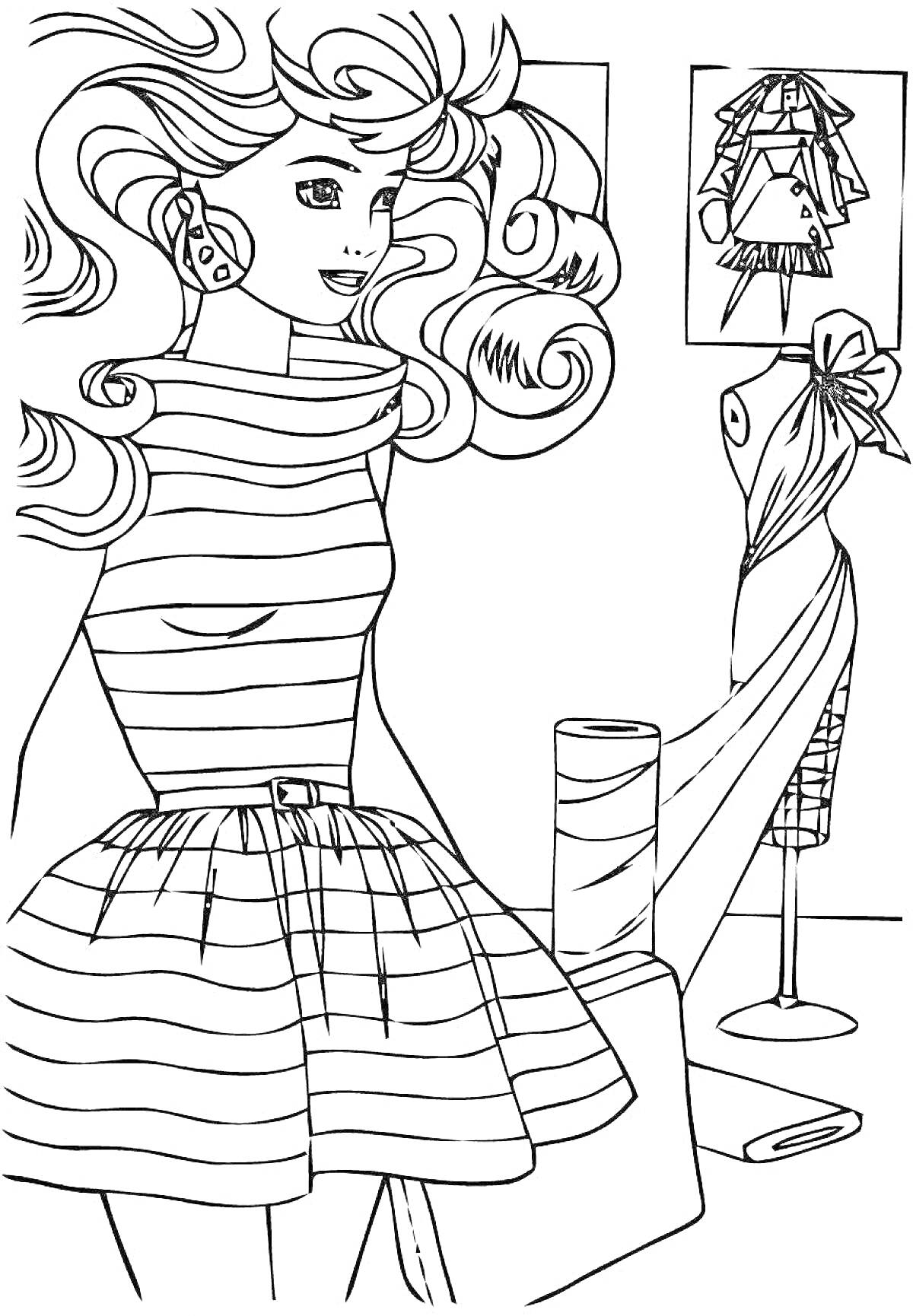 На раскраске изображено: 90-е годы, Длинные волосы, Полосатое платье, Манекен, Ткань, Платье