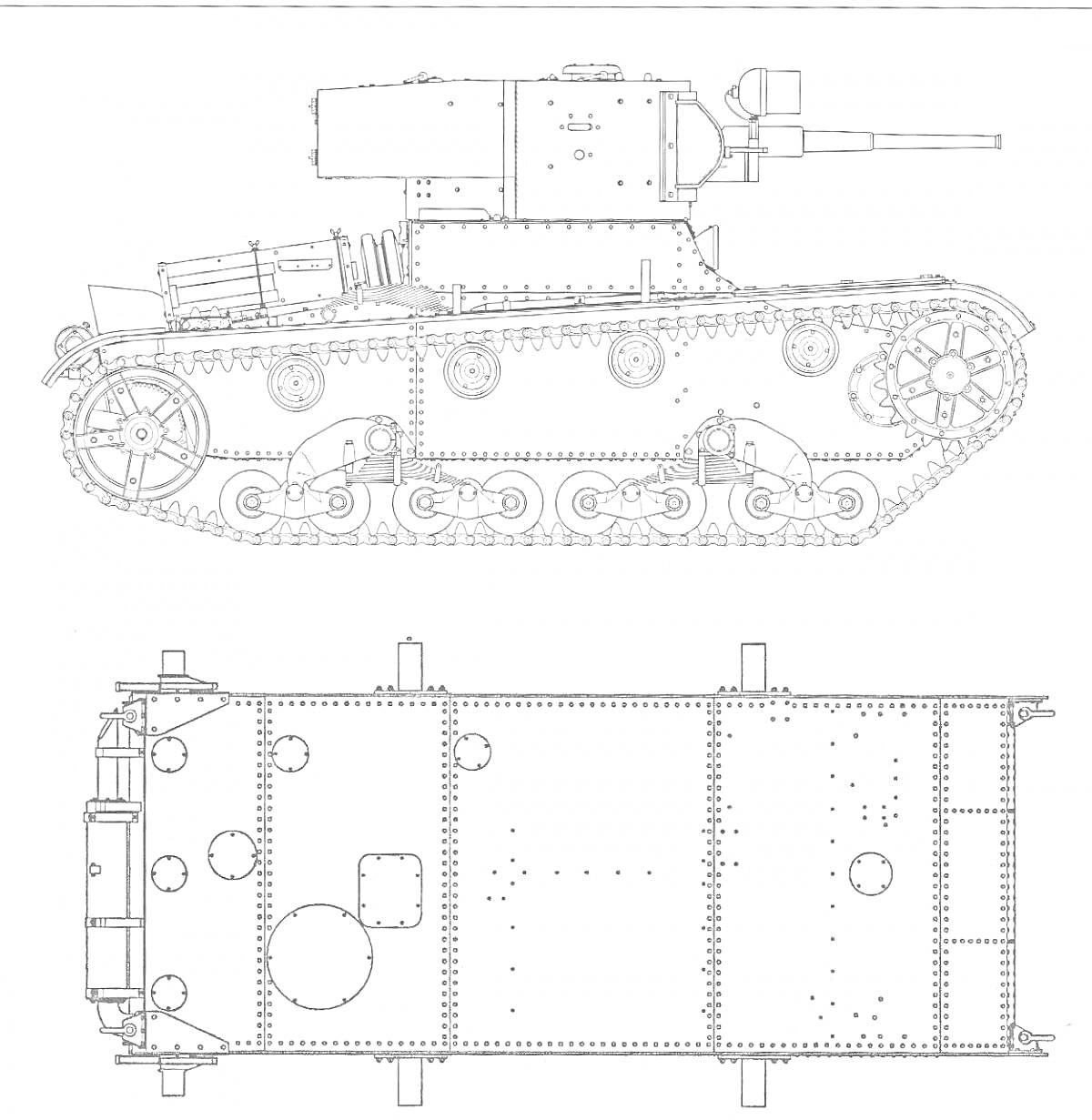Раскраска Черно-белая раскраска танка Т-26, вид сбоку и вид сверху, с деталями башни, орудия, гусениц и корпуса