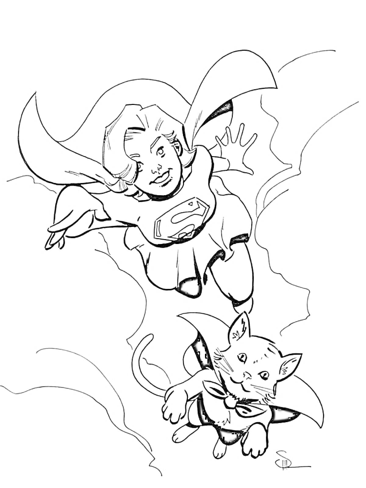 Раскраска Супергерл летит с кошкой в плаще
