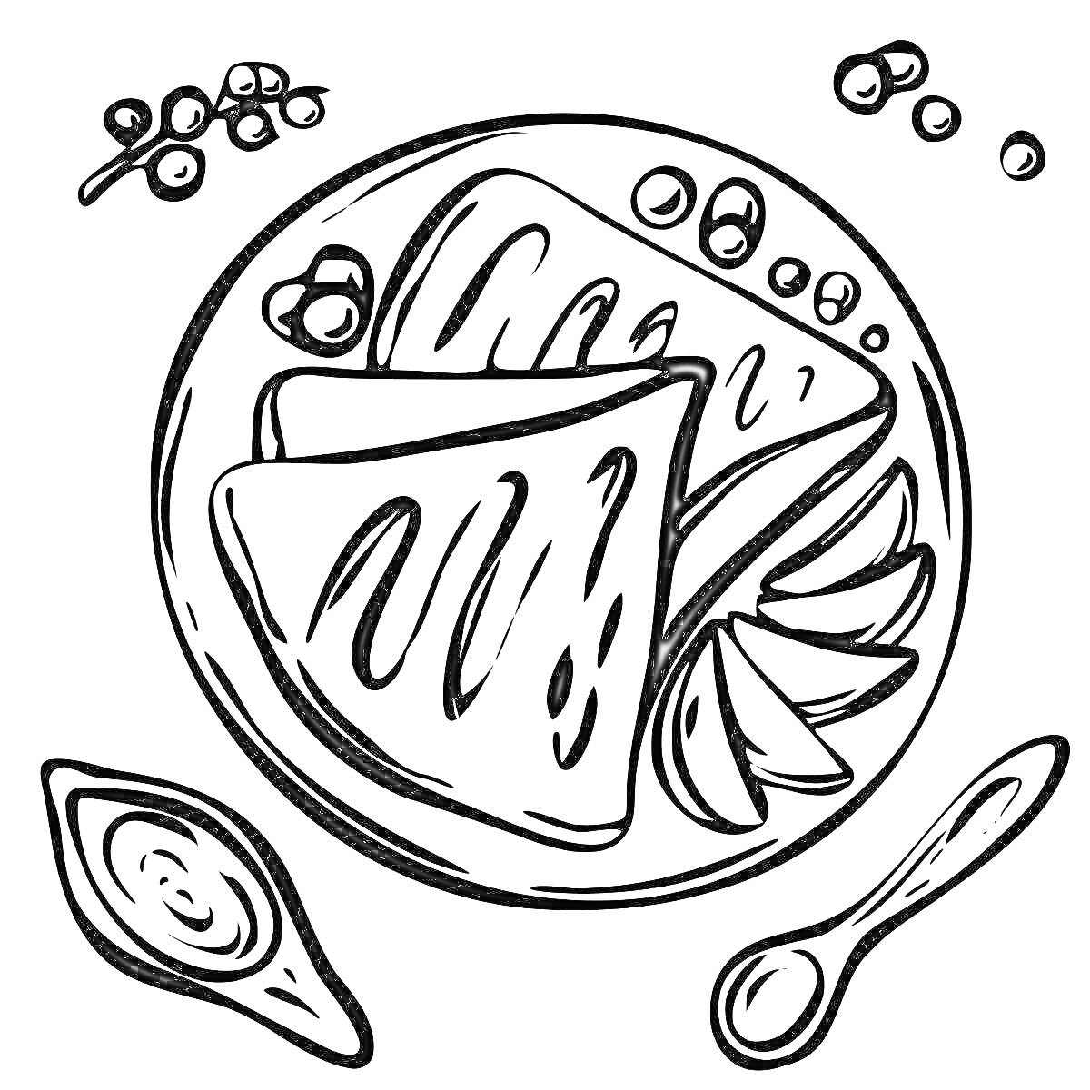 Раскраска Блины с соусом, ягодами и дольками фруктов на тарелке; рядом ложка и соусник