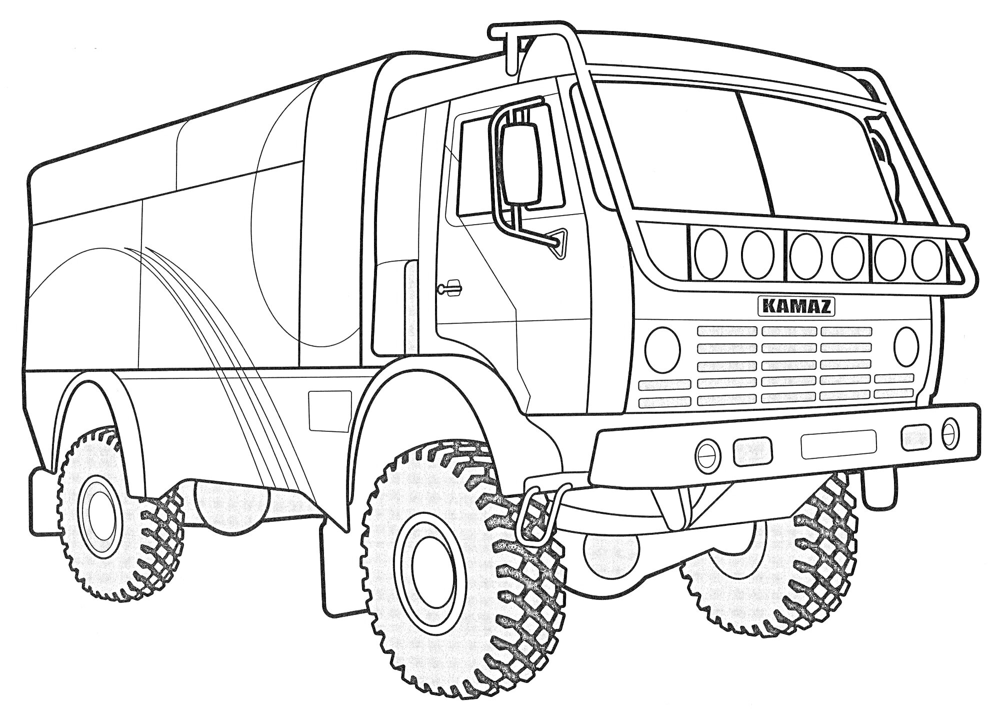 Раскраска Грузовой автомобиль Камаз с большими колёсами и фарами
