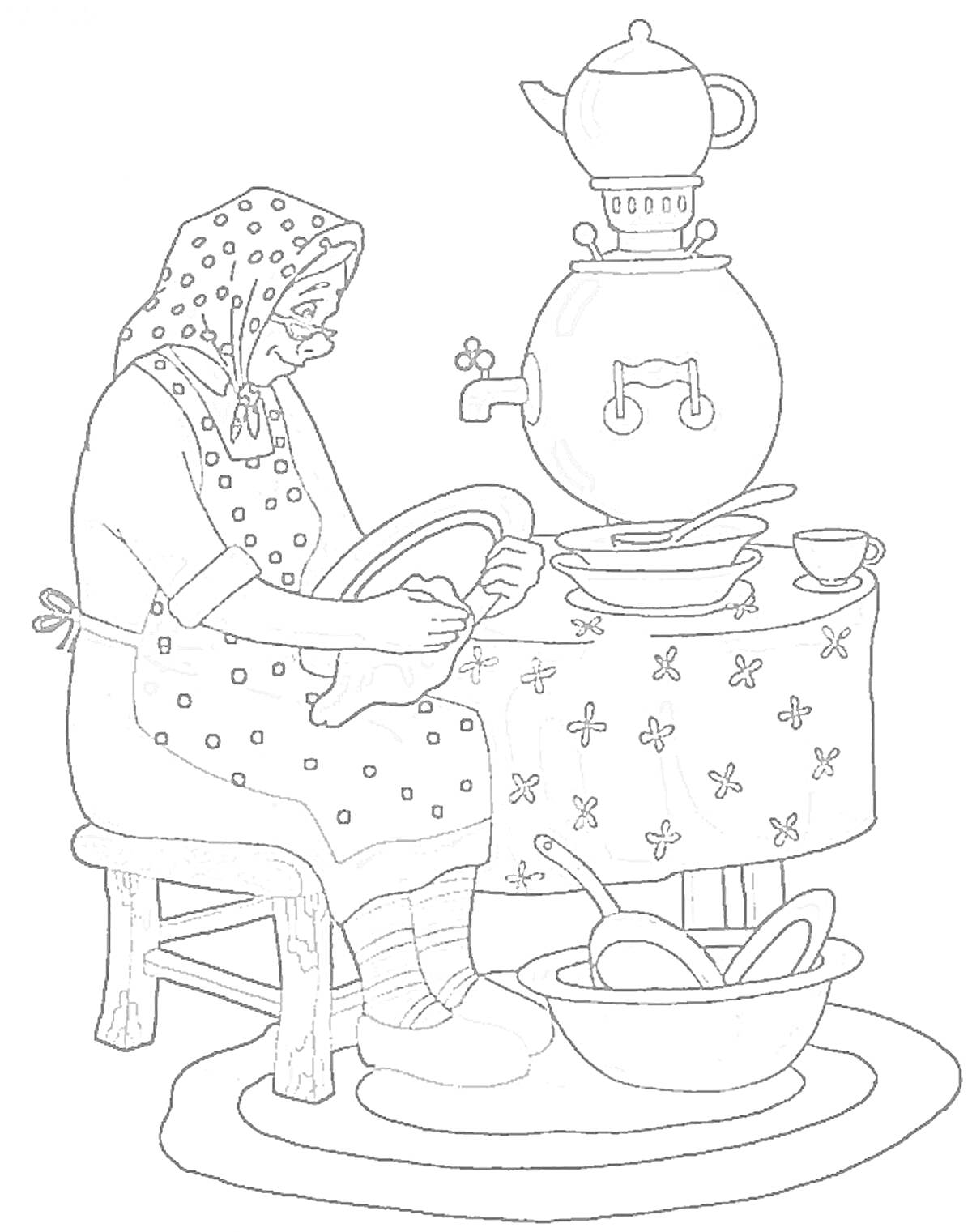 Раскраска Бабушка моет посуду, кипящий самовар, тарелки и чашки на столе, таз с ложками на полу
