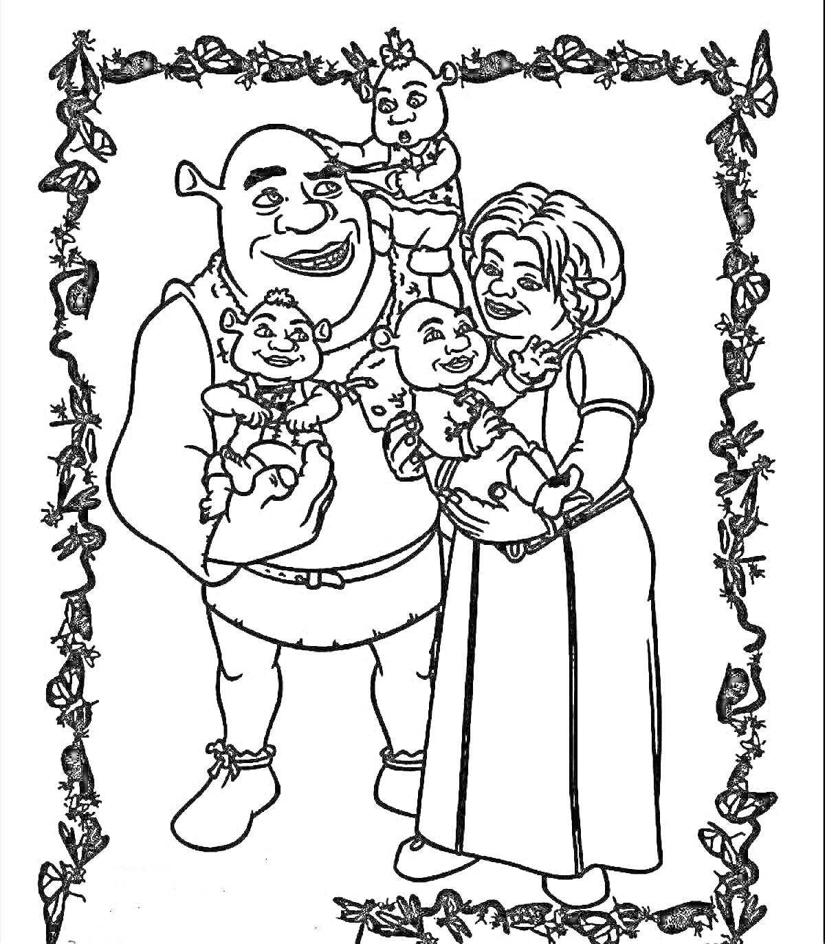 Раскраска Шрек и Фиона с их тремя детьми в цветочной рамке