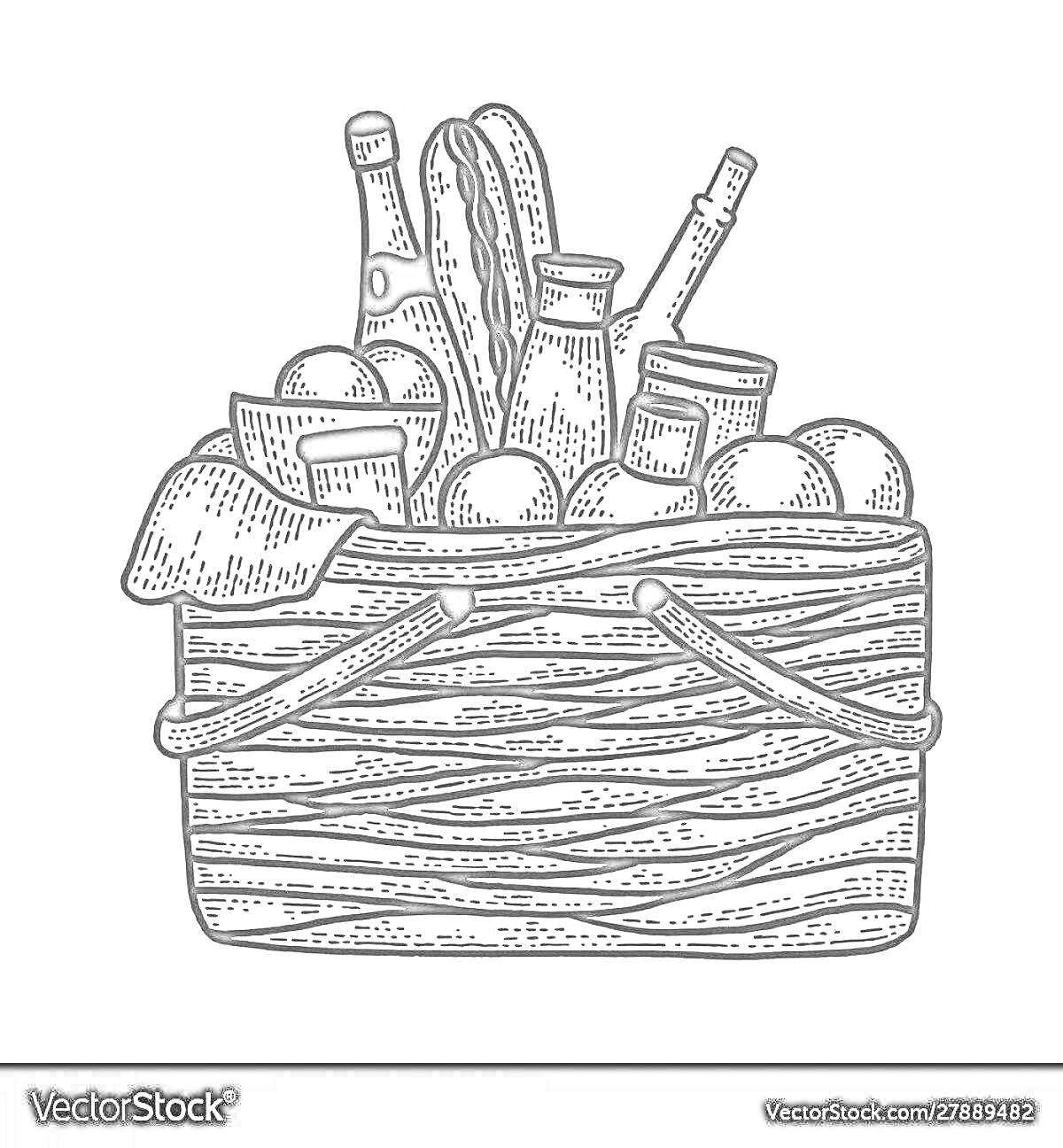 Раскраска Плетёная корзина для пикника с батоном, бутылками, банками, яблоками и сырами
