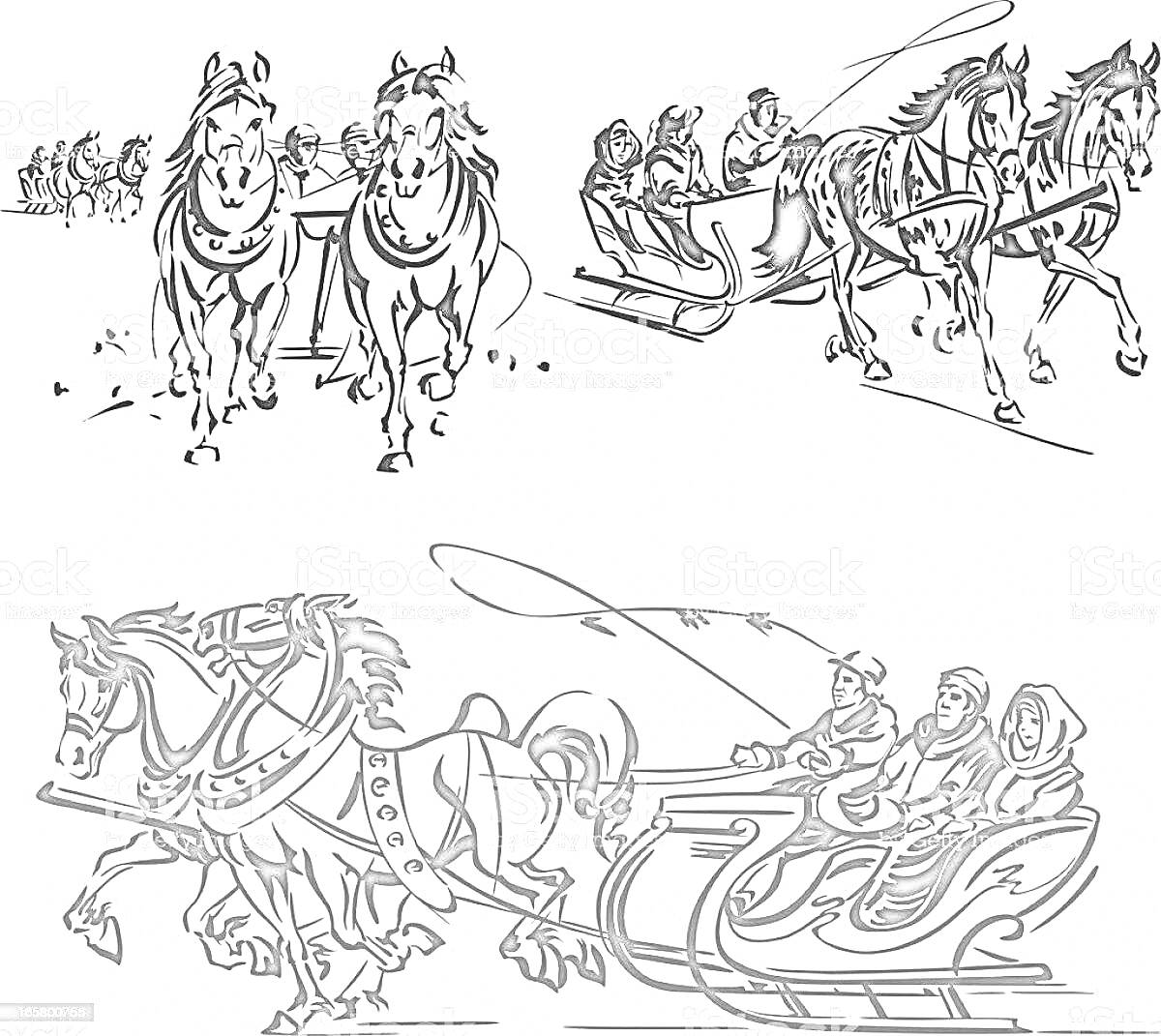 Раскраска Лошади, запряженные в сани, с пассажирами и наездниками