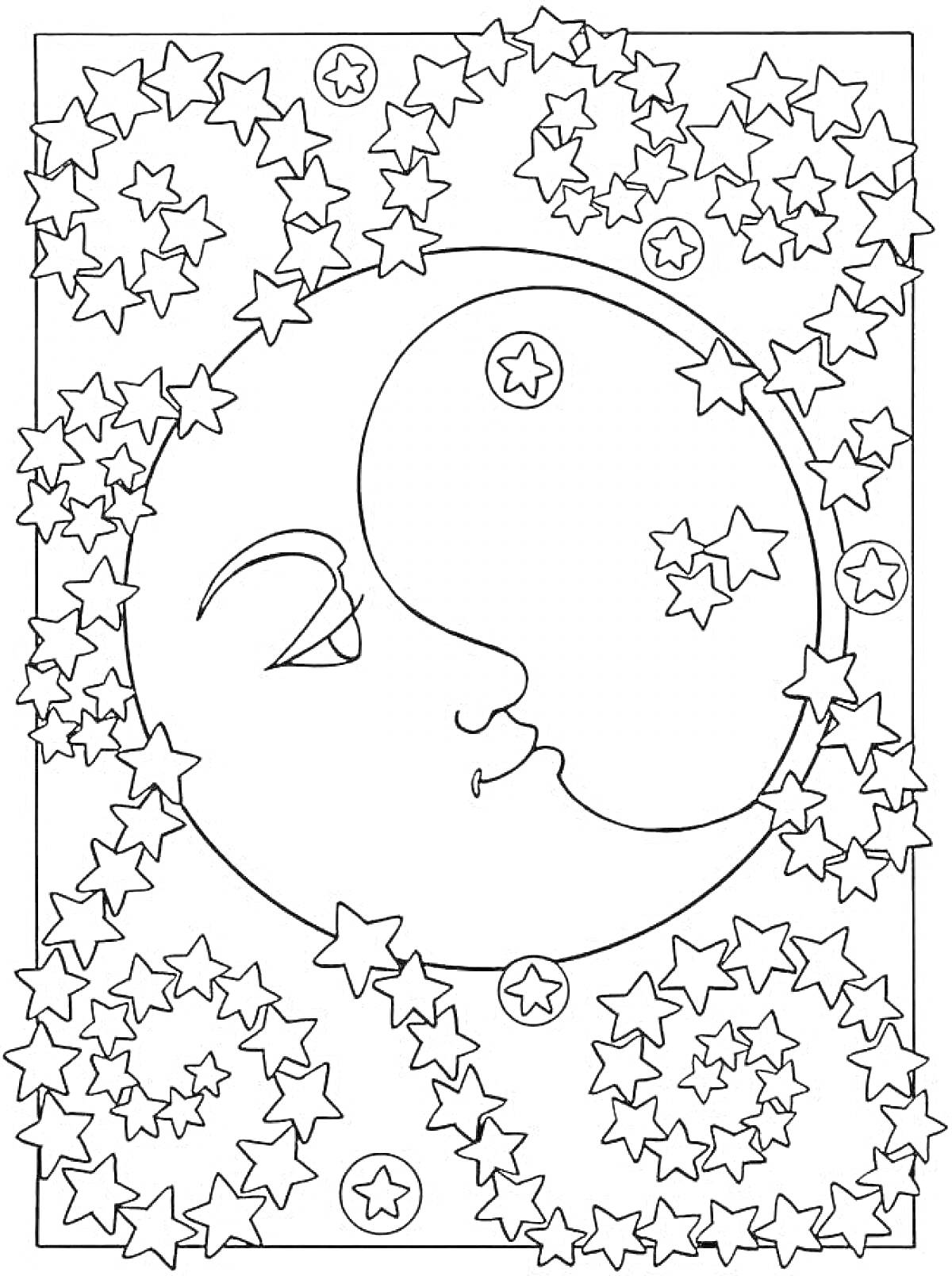 На раскраске изображено: Ночь, Луна, Звезды, Узор, Космос, Лицо, Контур