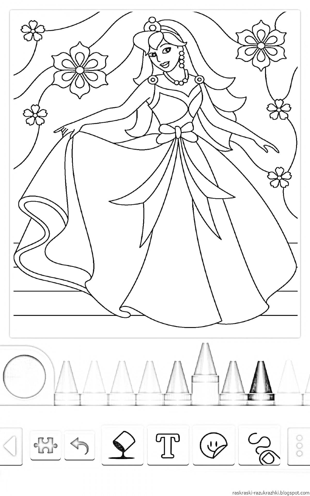 На раскраске изображено: Принцесса, Платье, Цветы, Фея, Девочка, Диадема, Фон