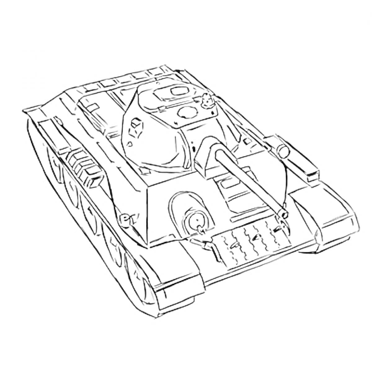 Раскраска Танковая раскраска Т-34 с каноном, люками и гусеницами