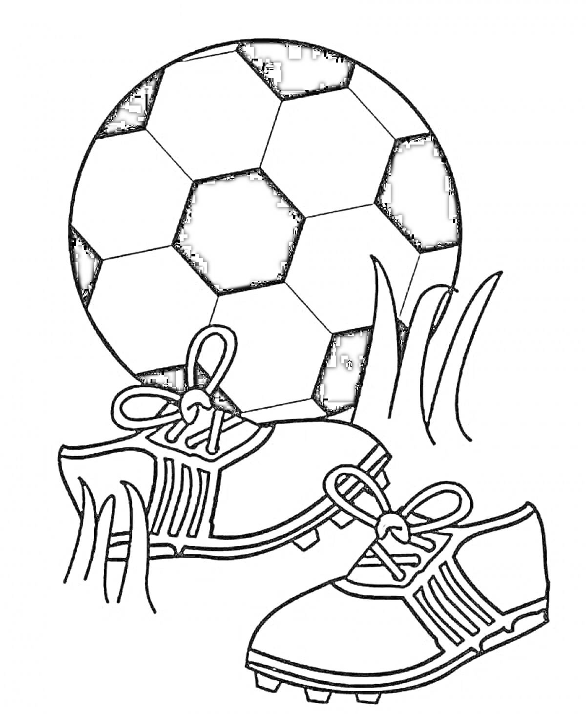 На раскраске изображено: Футбольный мяч, Бутсы, Трава, Спорт, Футбол