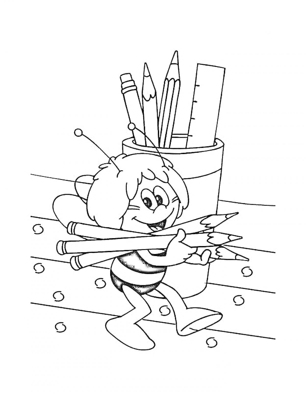 На раскраске изображено: Пчелка, Карандаши, Линейка, Мультяшный персонаж, Для детей