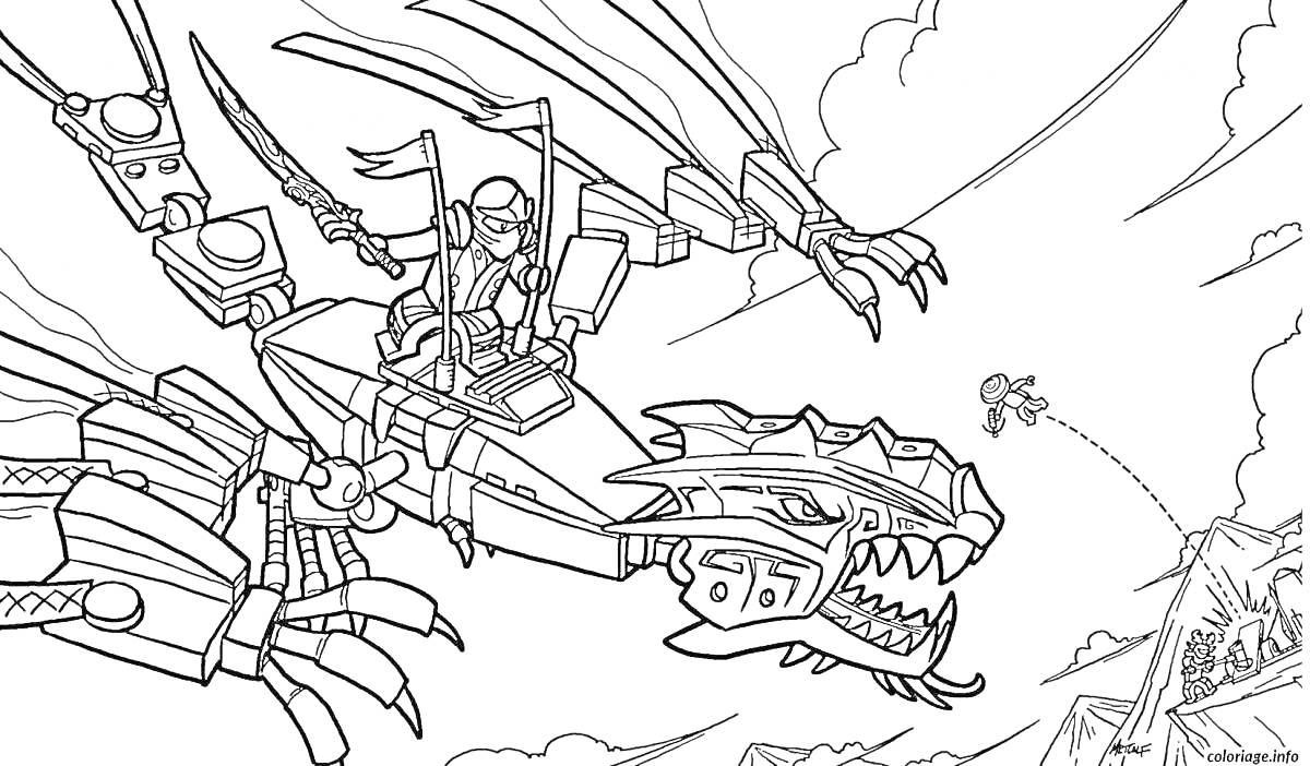 Раскраска Ниндзя в доспехах, сидящий на механическом драконе с двумя мечами, атакующий другого персонажа на фоне гор и облаков