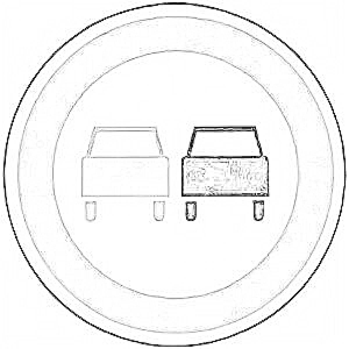 Раскраска знак обгон запрещен с изображением двух автомобилей внутри круга с красной окантовкой