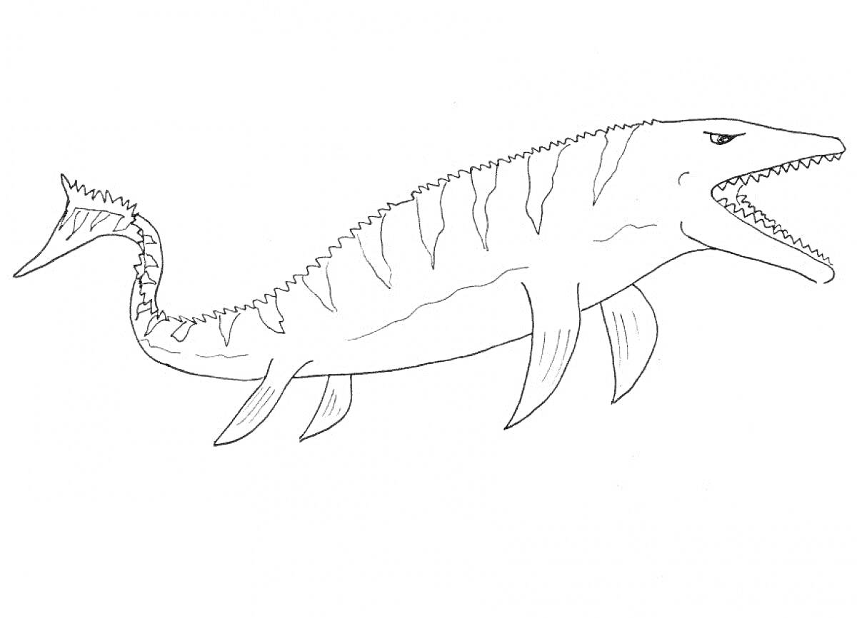 Раскраска Мозазавр с открытой пастью и полосками на теле