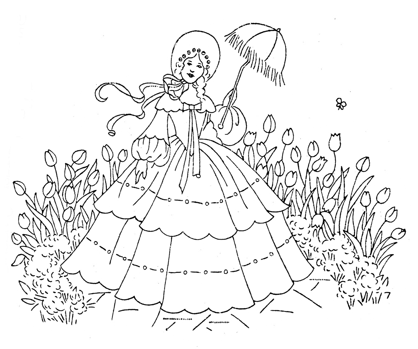 На раскраске изображено: Барышня, Цветы, Бабочка, Сад, Платье, Шляпа, Природа