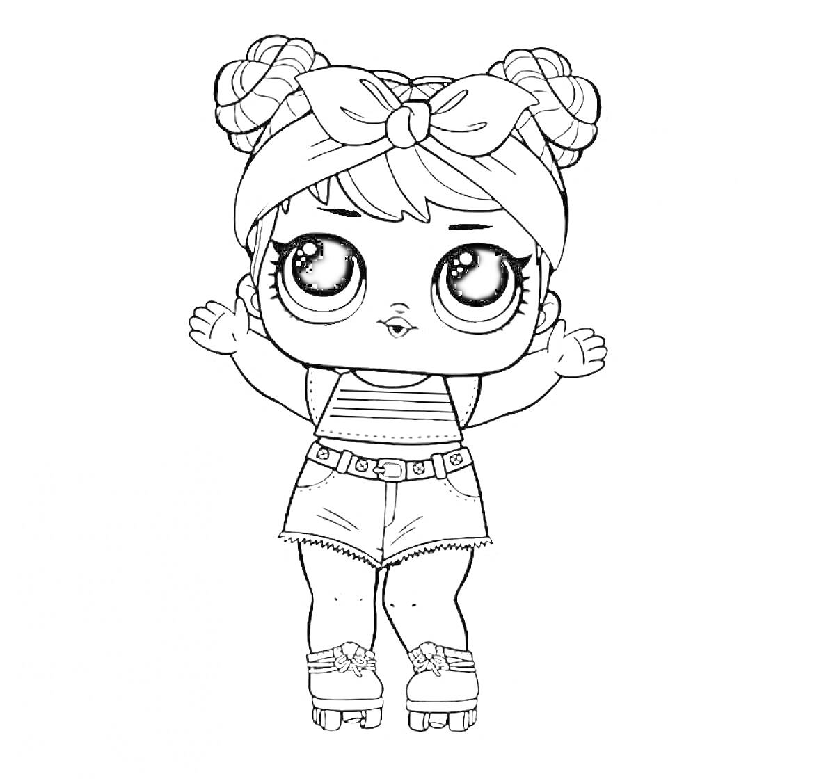 Раскраска Девочка ЛОЛ с двойными пучками, в повязке на голову, майке, шортах и на роликовых коньках