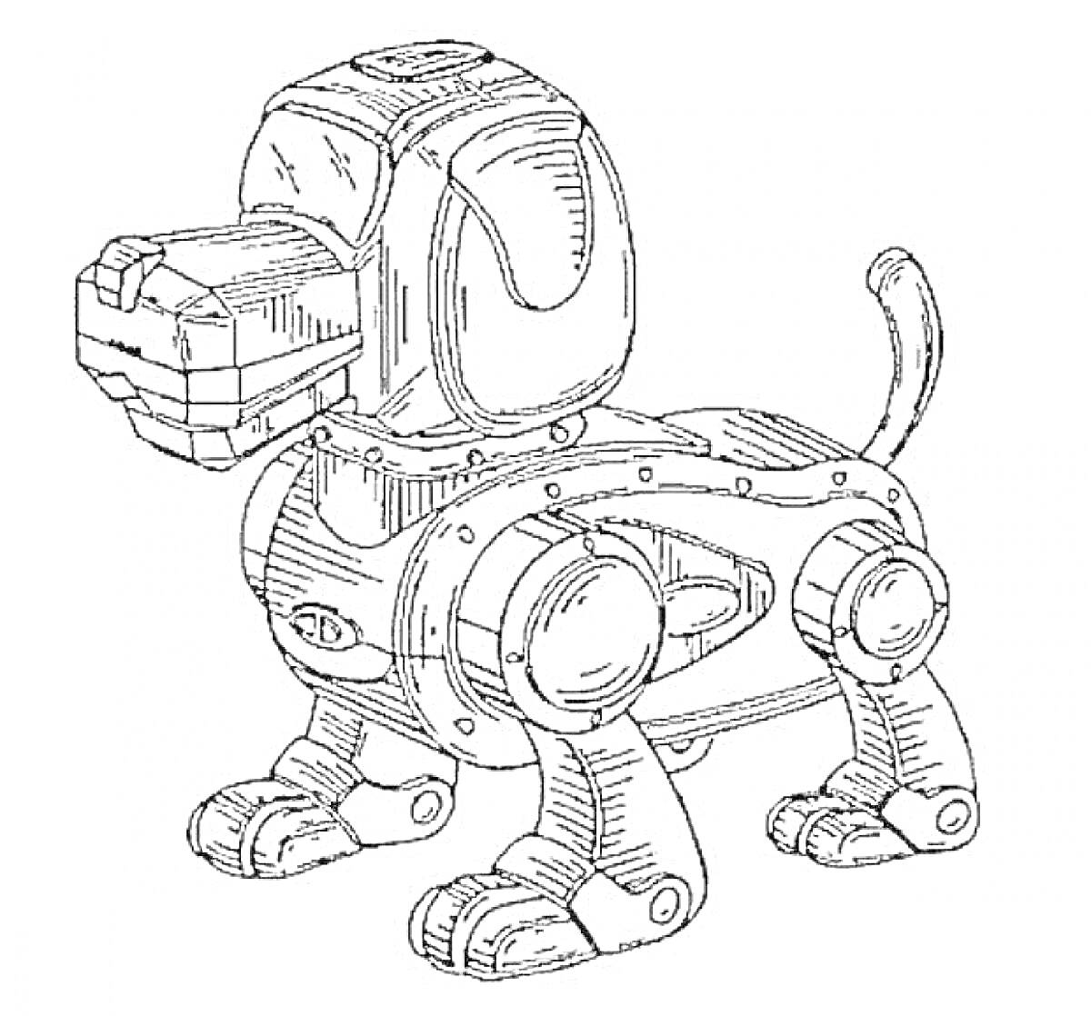 Раскраска Роботизированная собака с металлическим корпусом, круглыми суставами и хвостом