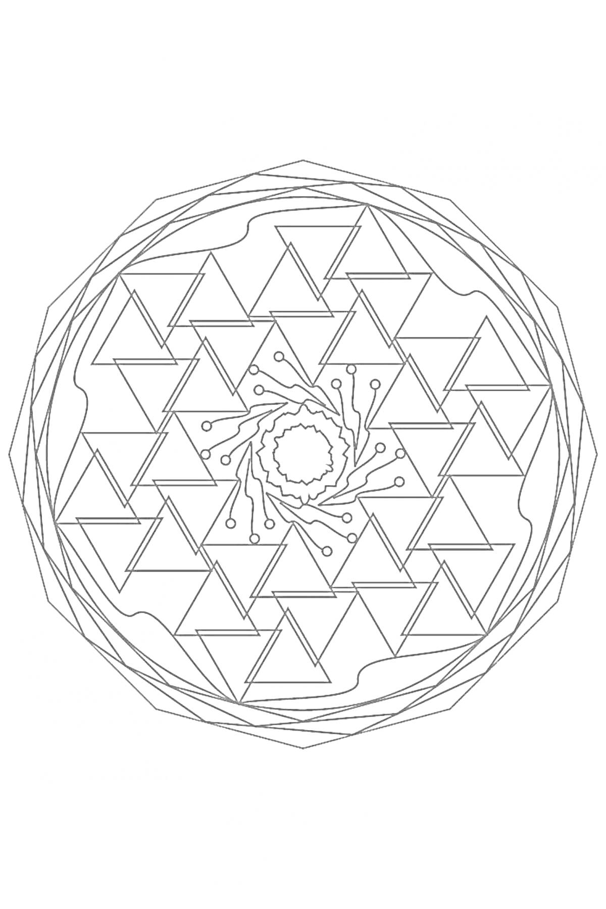 На раскраске изображено: Мандала, Треугольники, Лепестки, Геометрия, Симметрия, Контурные рисунки