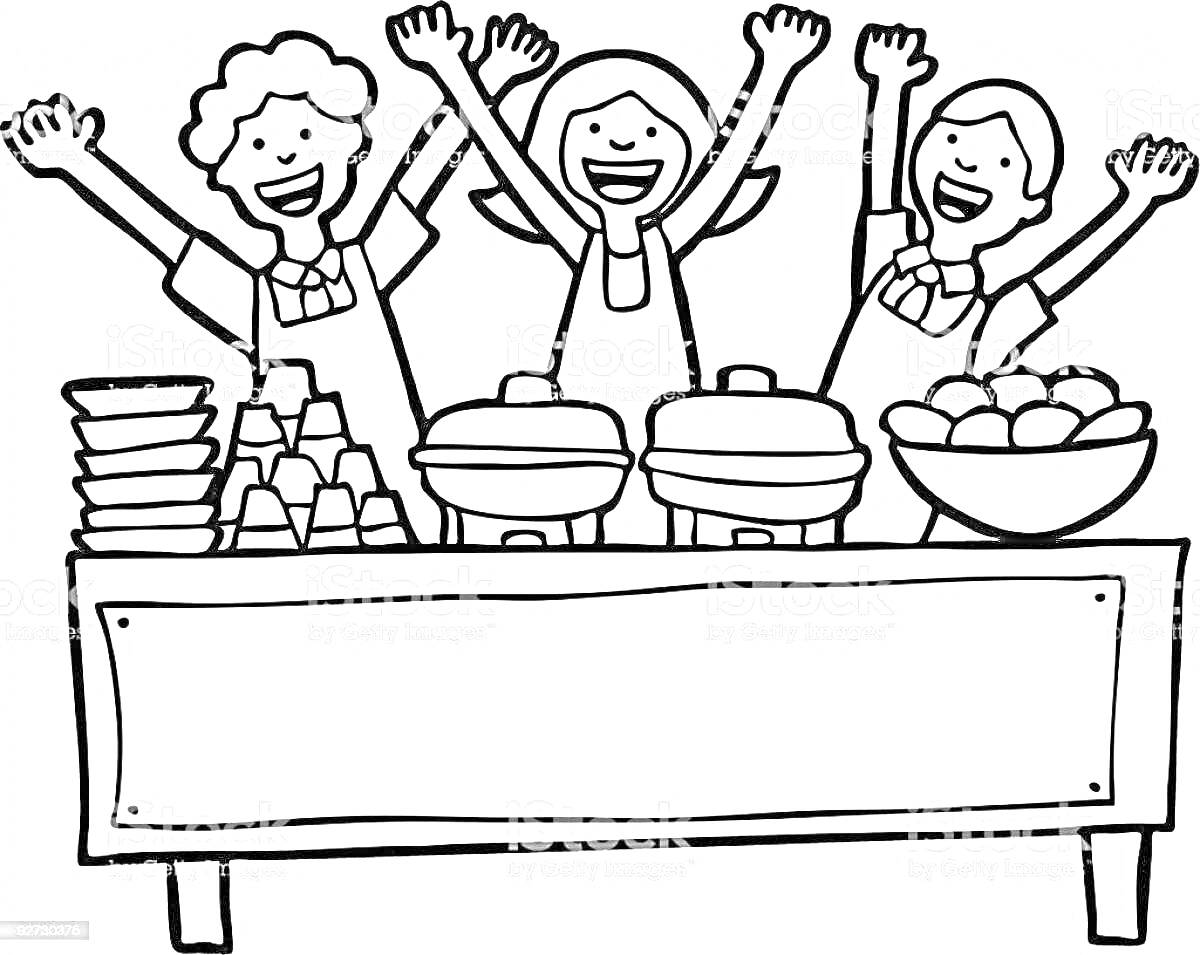 Раскраска Дети в школьной столовой с подносами, тарелками, гастроёмкостями и чашей с яблоками